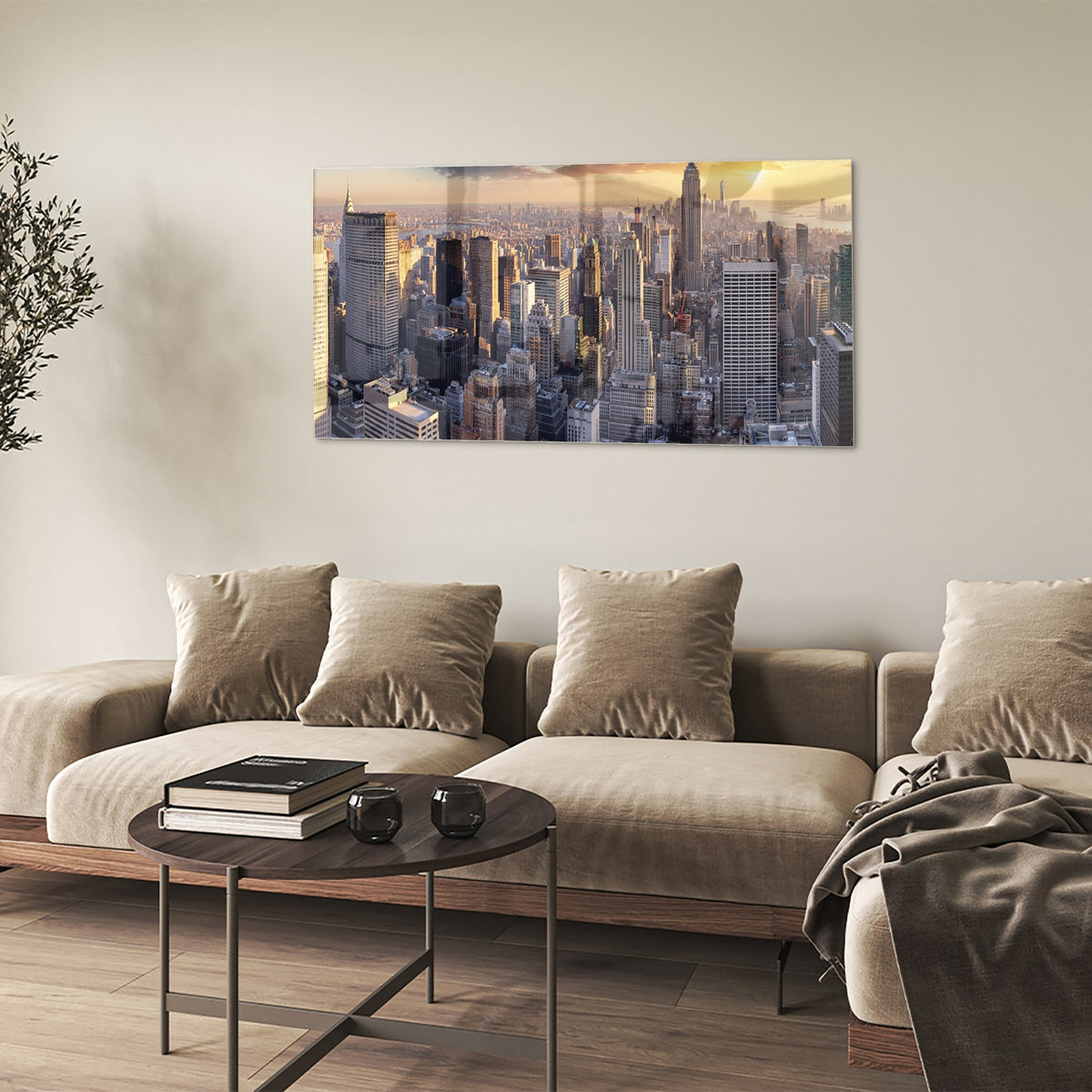 Glazen schilderij van de skyline van New York bij zonsondergang.