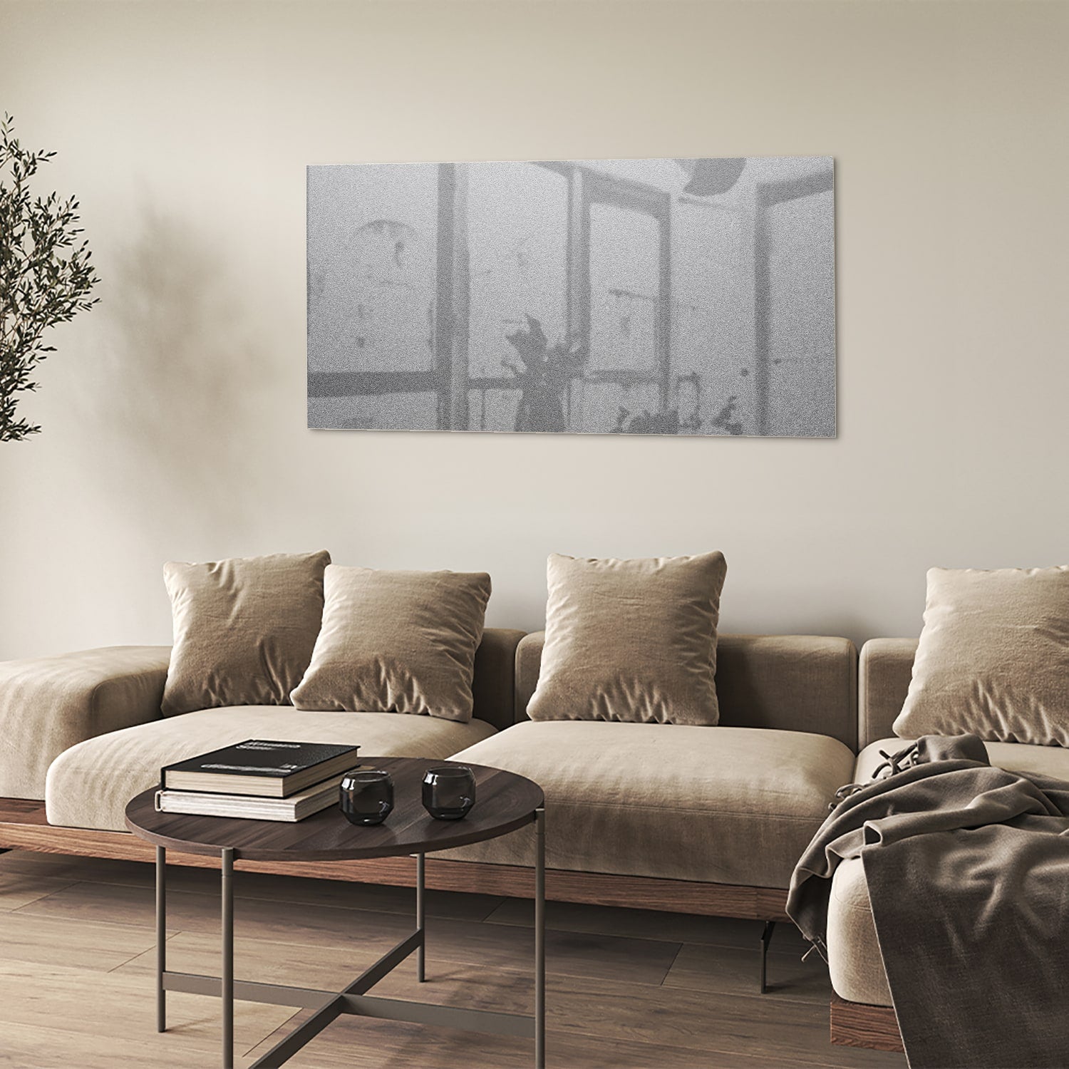 Minimalistisch glazen schilderij met reflecties, ideaal voor een modern interieur