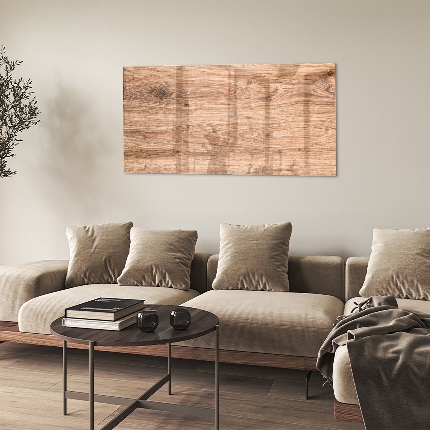 Glazen schilderij met een natuurlijke houtlook boven een moderne kast