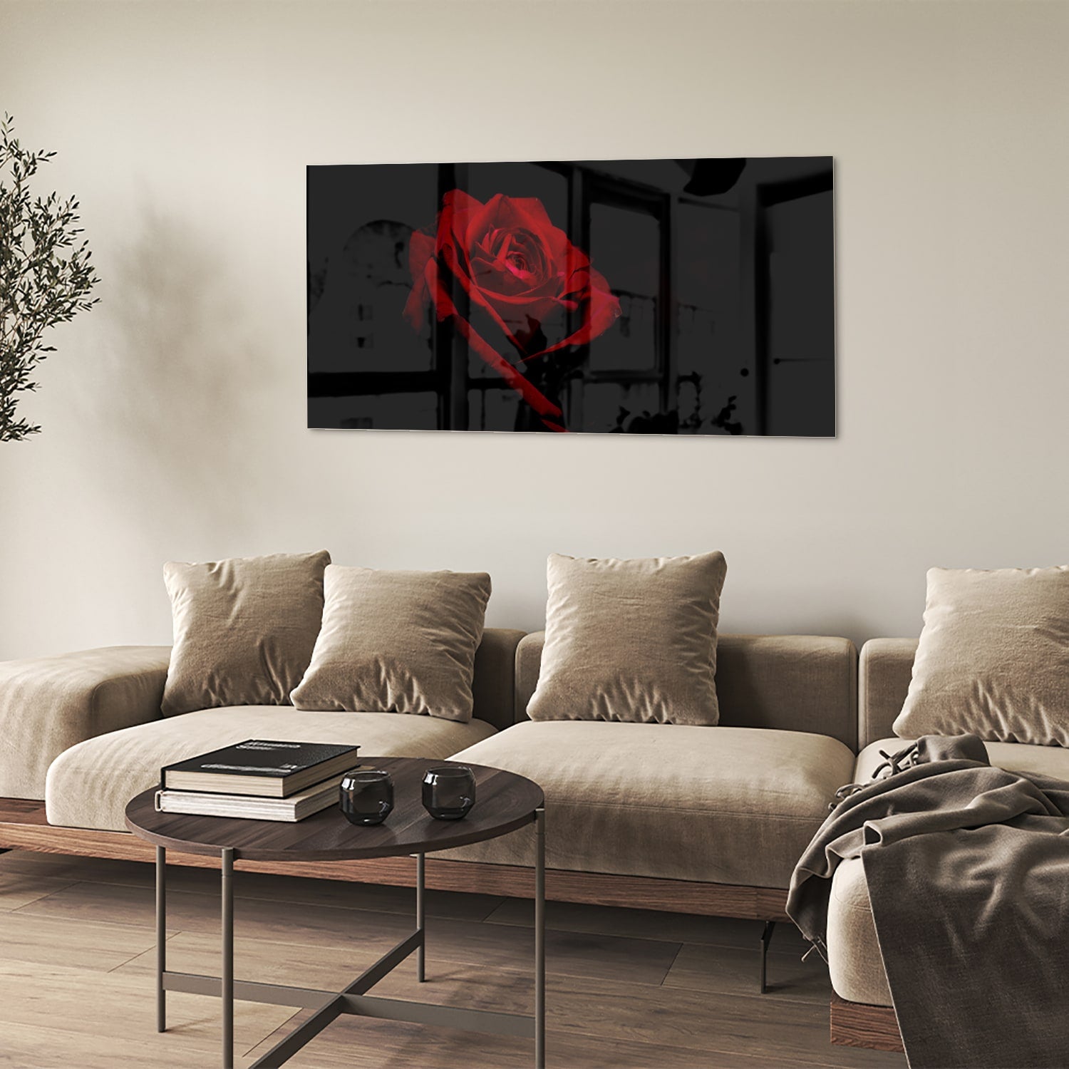Glazen schilderij met rode roos op een zwarte achtergrond, elegant en modern.