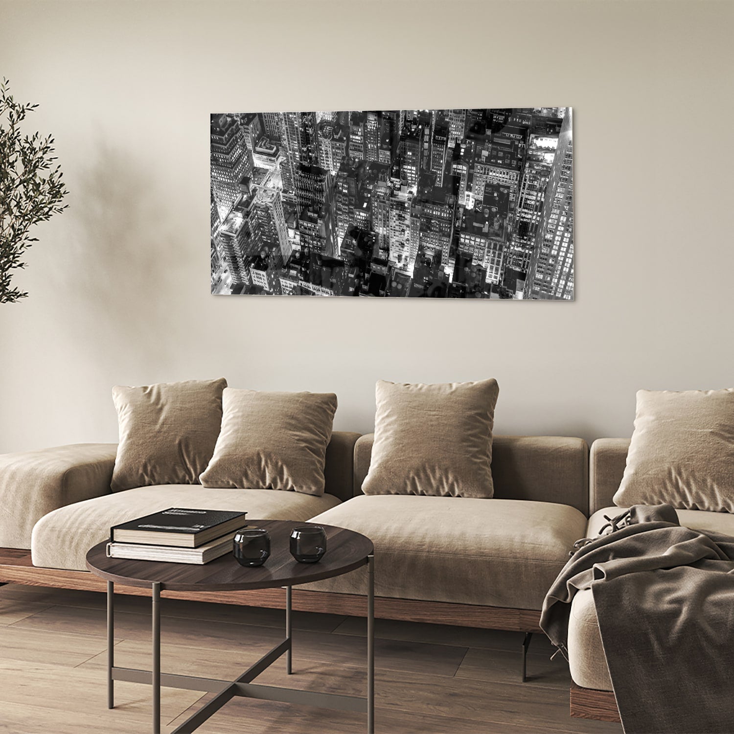 Zwart-wit glazen schilderij van een stad, prachtig decor voor modern interieur.