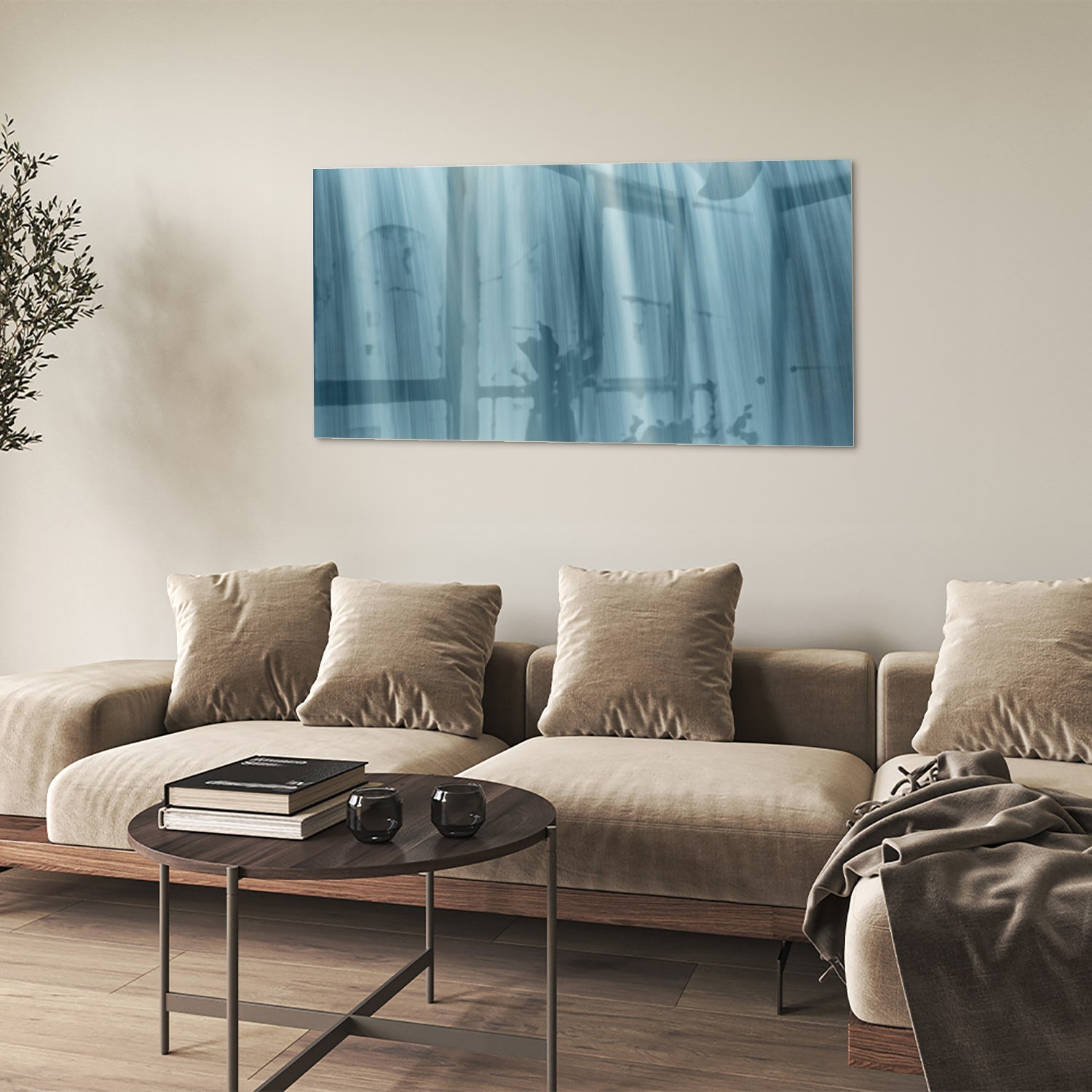 Glazen schilderij van watervallen in heldere blauwtinten, prachtig voor in huis.