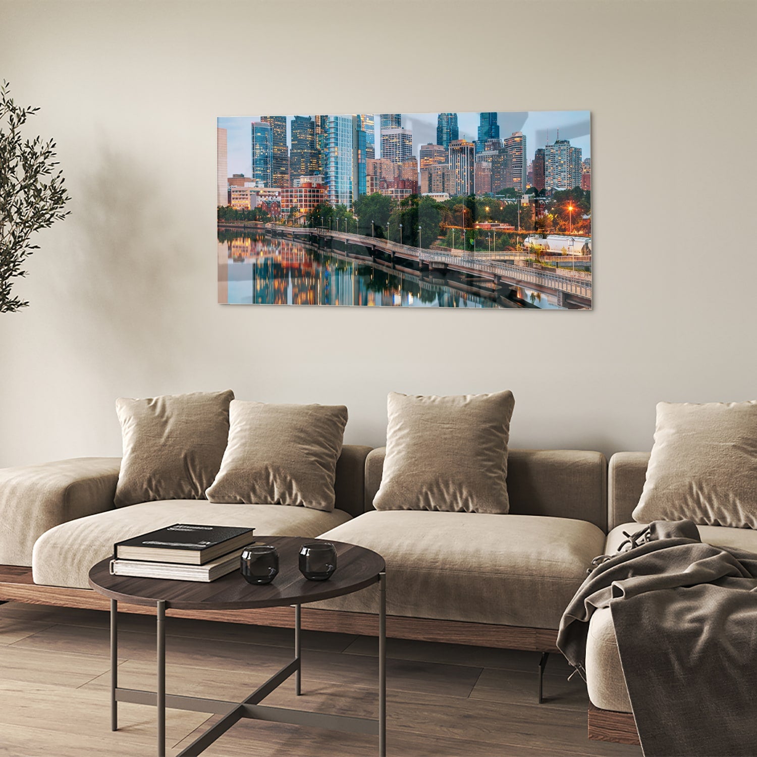 Glazen schilderij met een stadsgezicht en reflecties in het water
