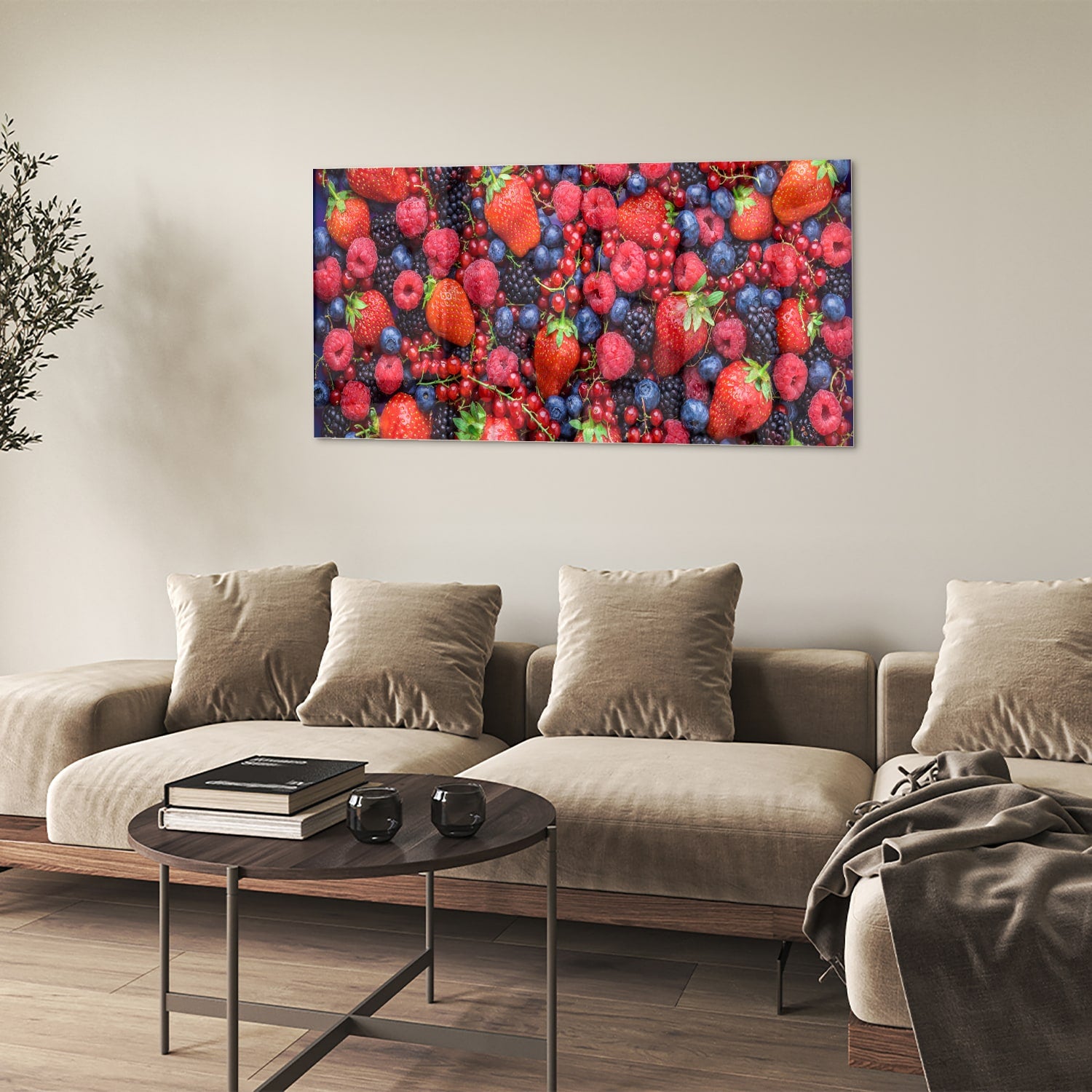 Glazen schilderij met een kleurrijke afbeelding van bessen en fruit