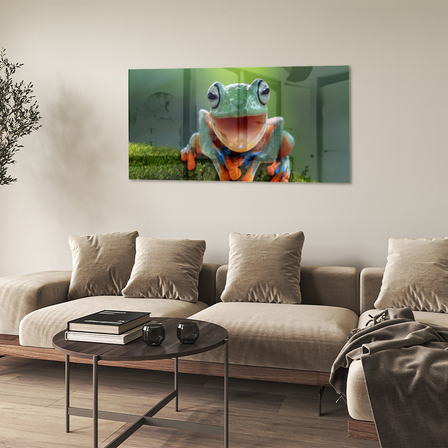 Glazen schilderij van een vrolijke boomkikker op een groene achtergrond
