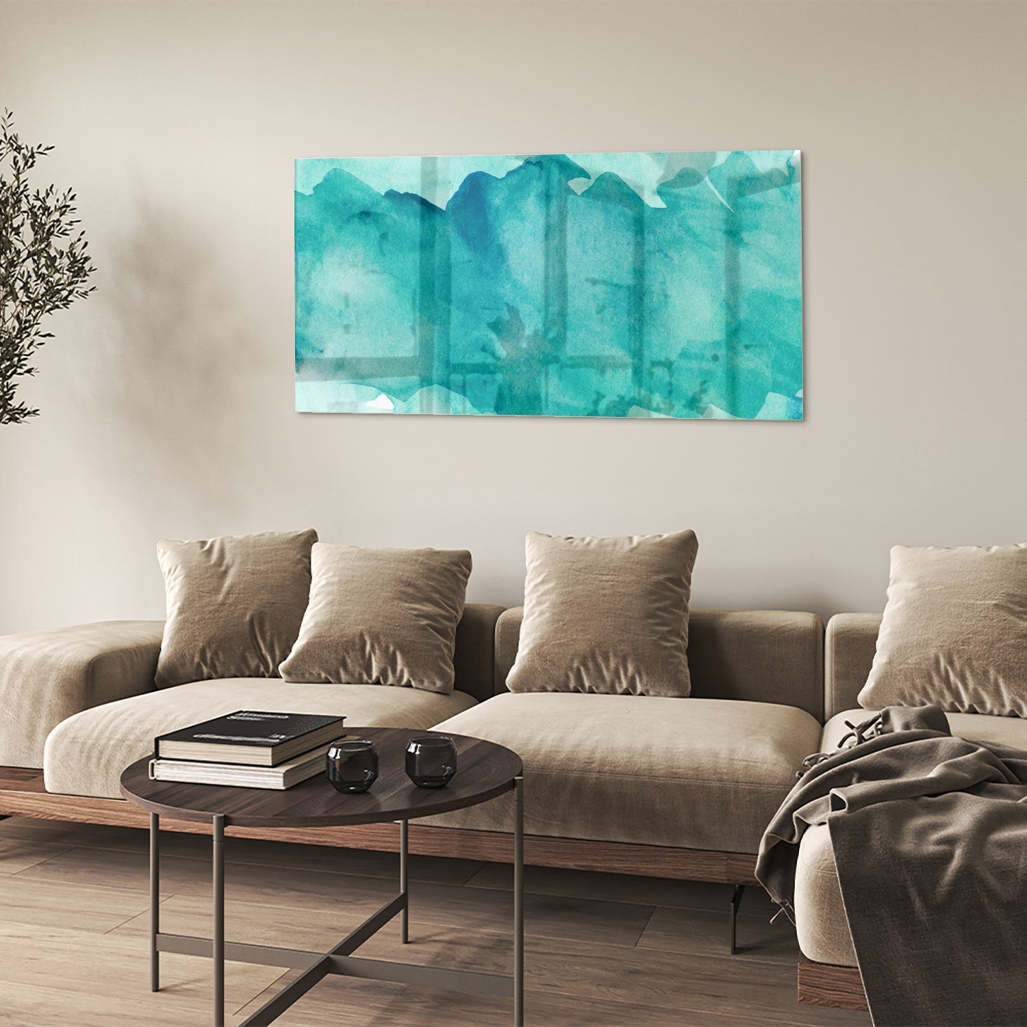 Abstract glazen schilderij met turquoise tinten, perfect voor moderne interieurs.