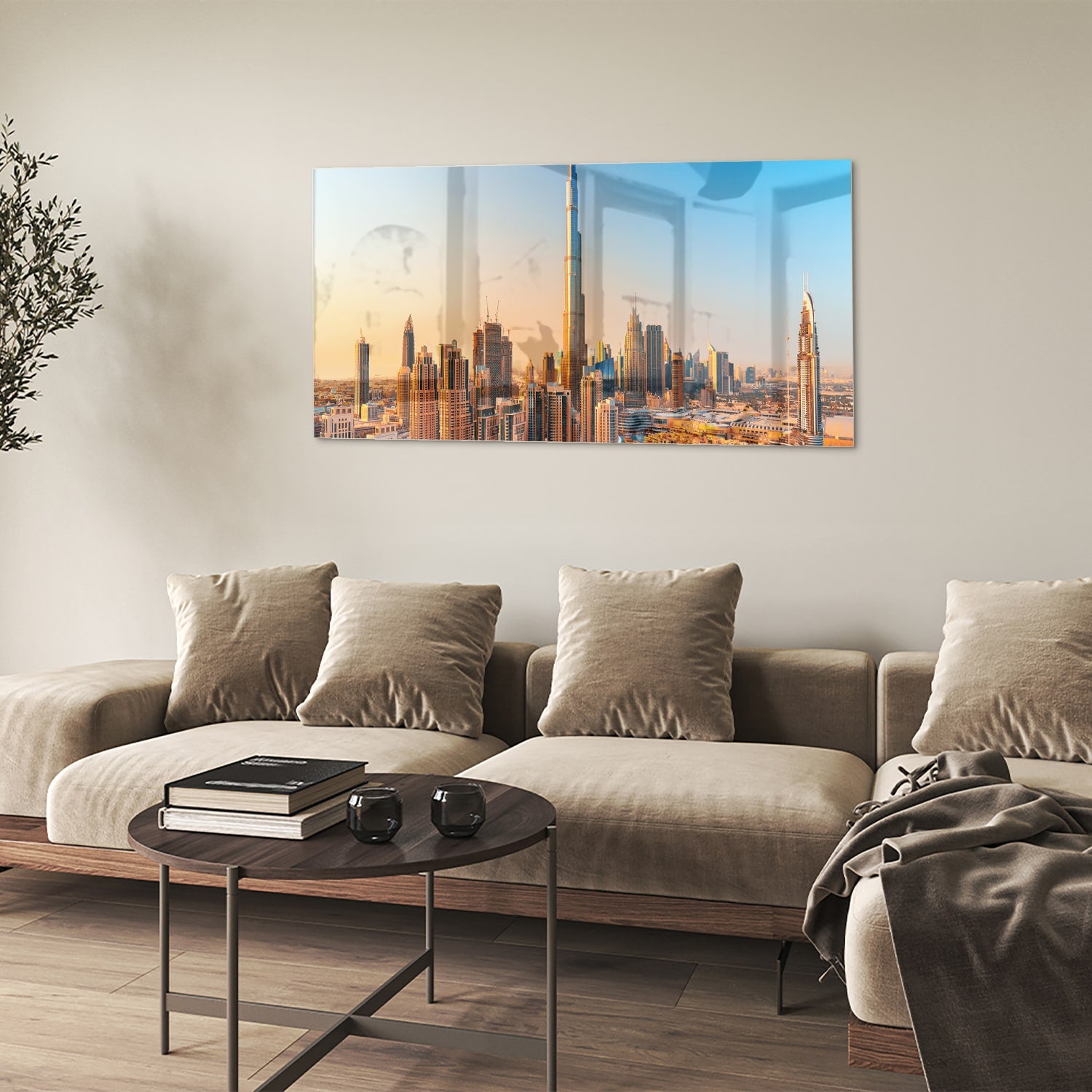 Glazen schilderij van de skyline van Dubai met Burj Khalifa tijdens zonsondergang