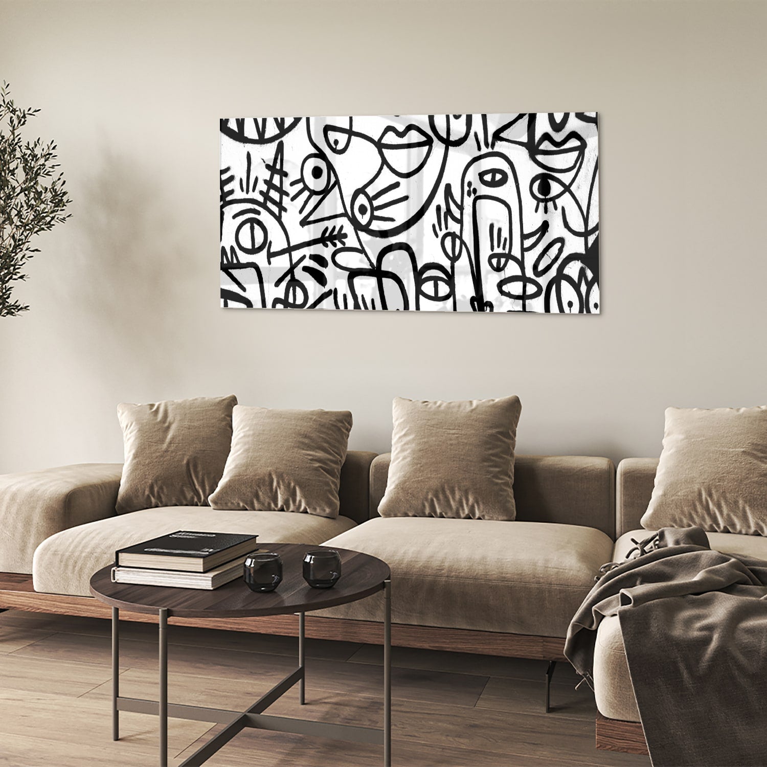 Abstract glazen schilderij in zwart-wit met vormen en lijnen