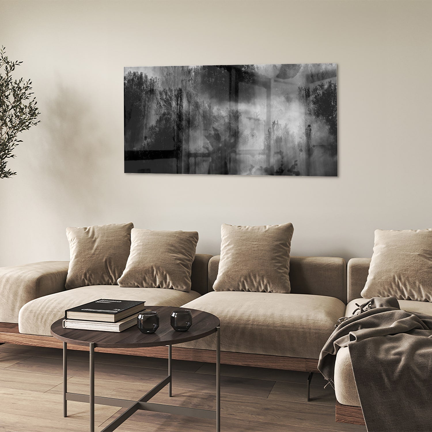 Glazen schilderij met een abstract zwart-wit landschap van bomen in de mist.