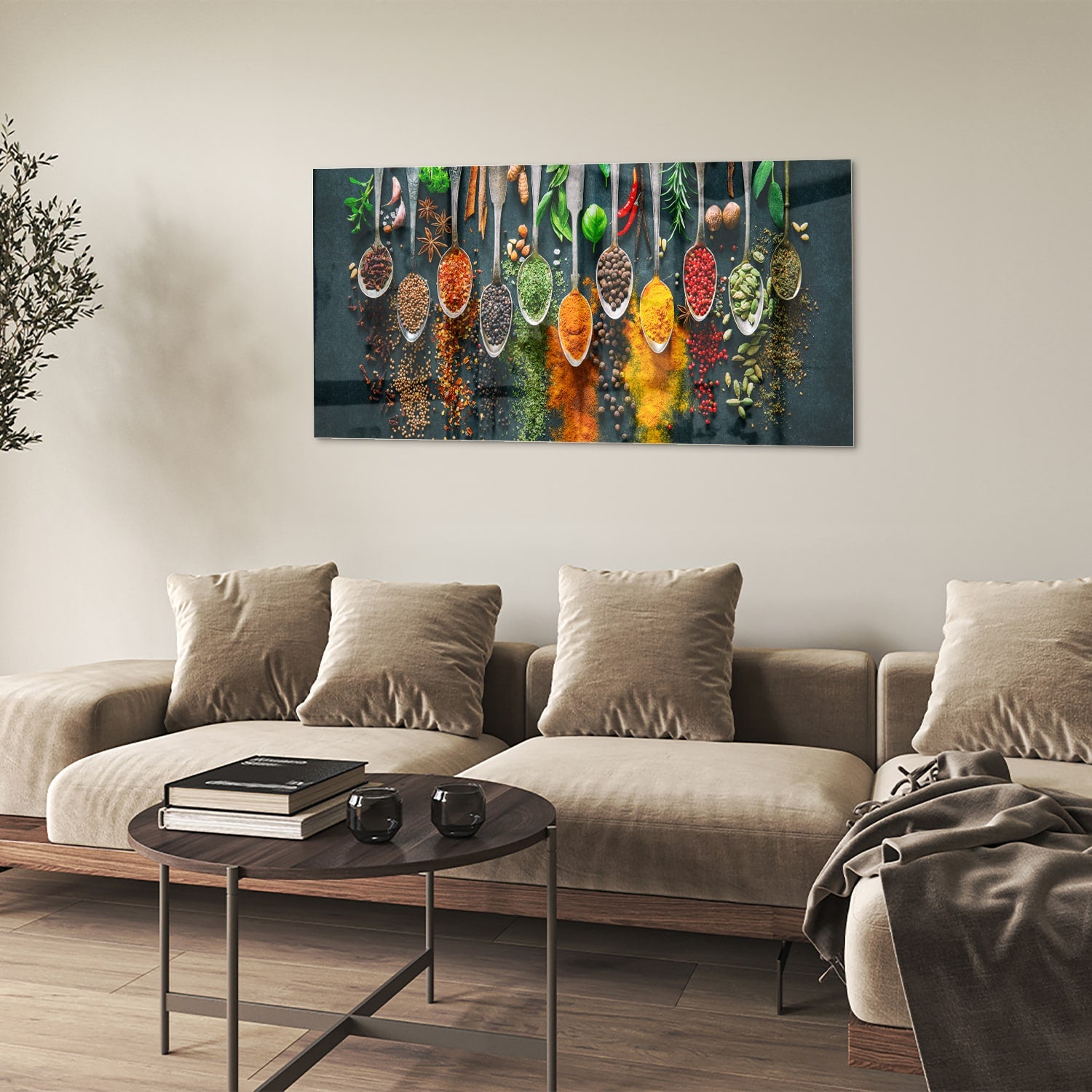Glazen schilderij met een assortiment kleurrijke specerijen en kruiden, perfect voor keukeninrichting.