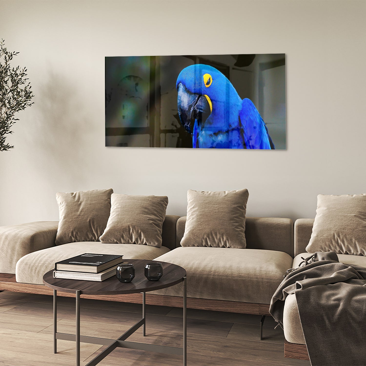 Glazen schilderij van een blauwe ara, ideaal voor wanddecoratie.