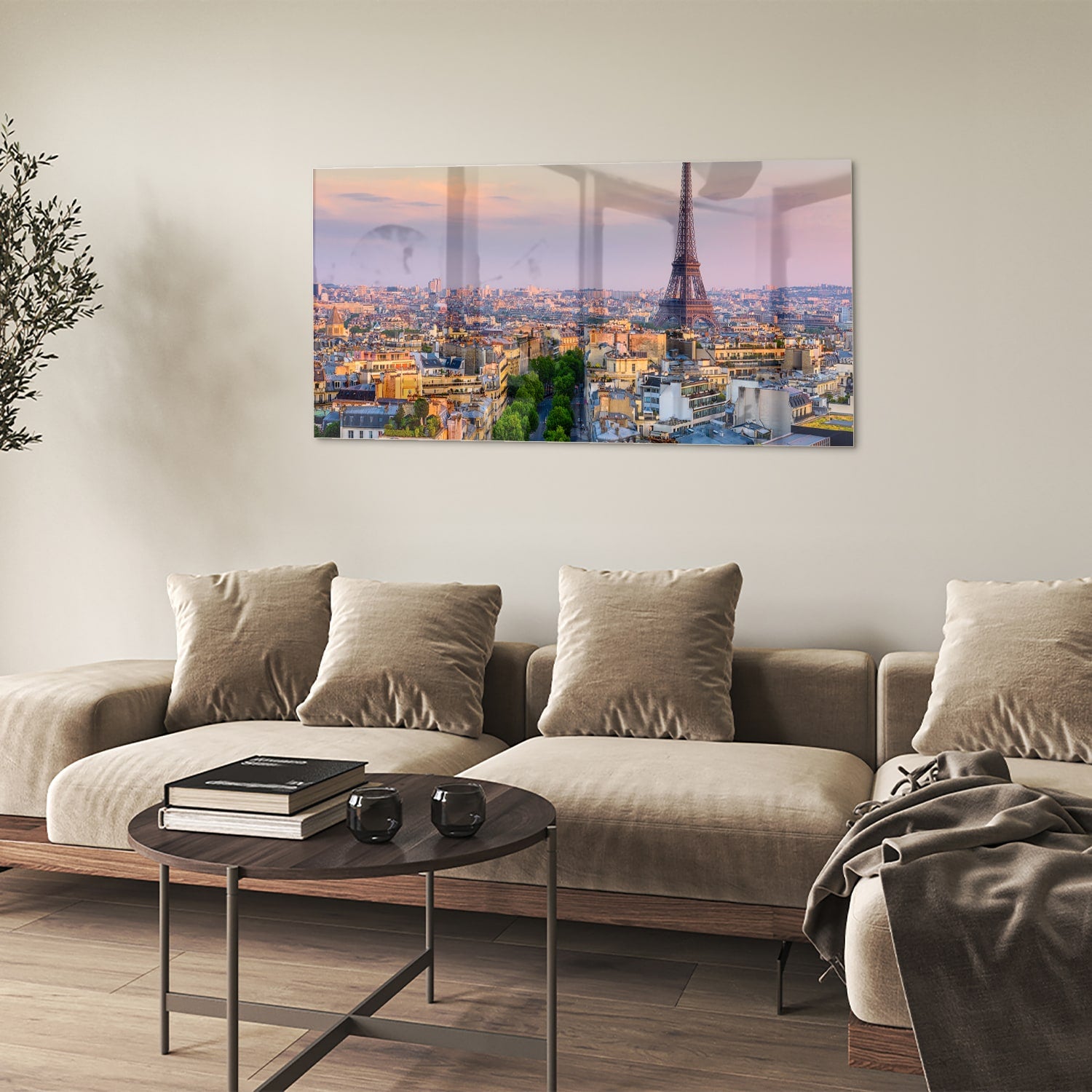 Glas schilderij van de Eiffeltoren in Parijs bij zonsondergang