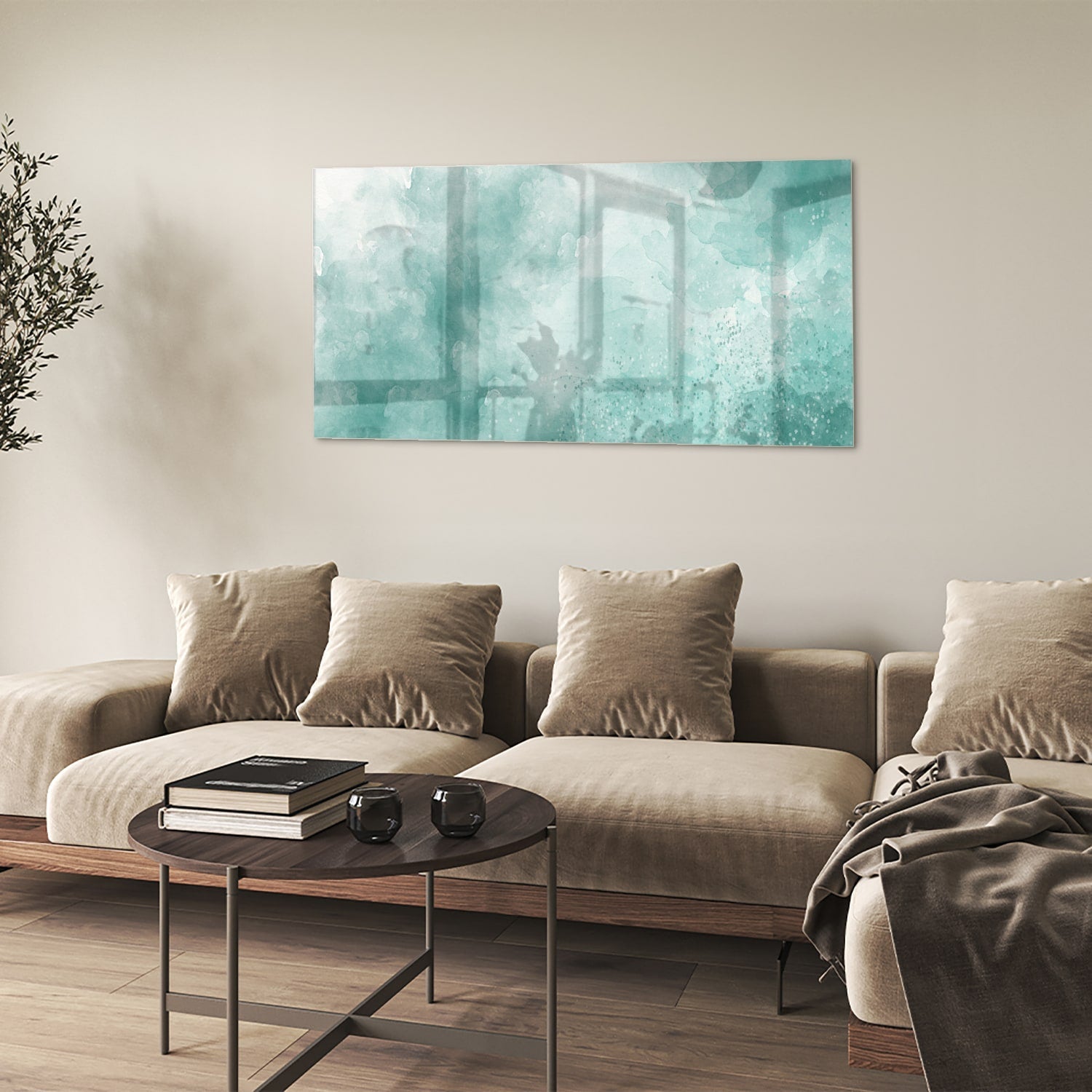 Abstract glazen schilderij in aquablauw kleur, past mooi in een modern interieur.