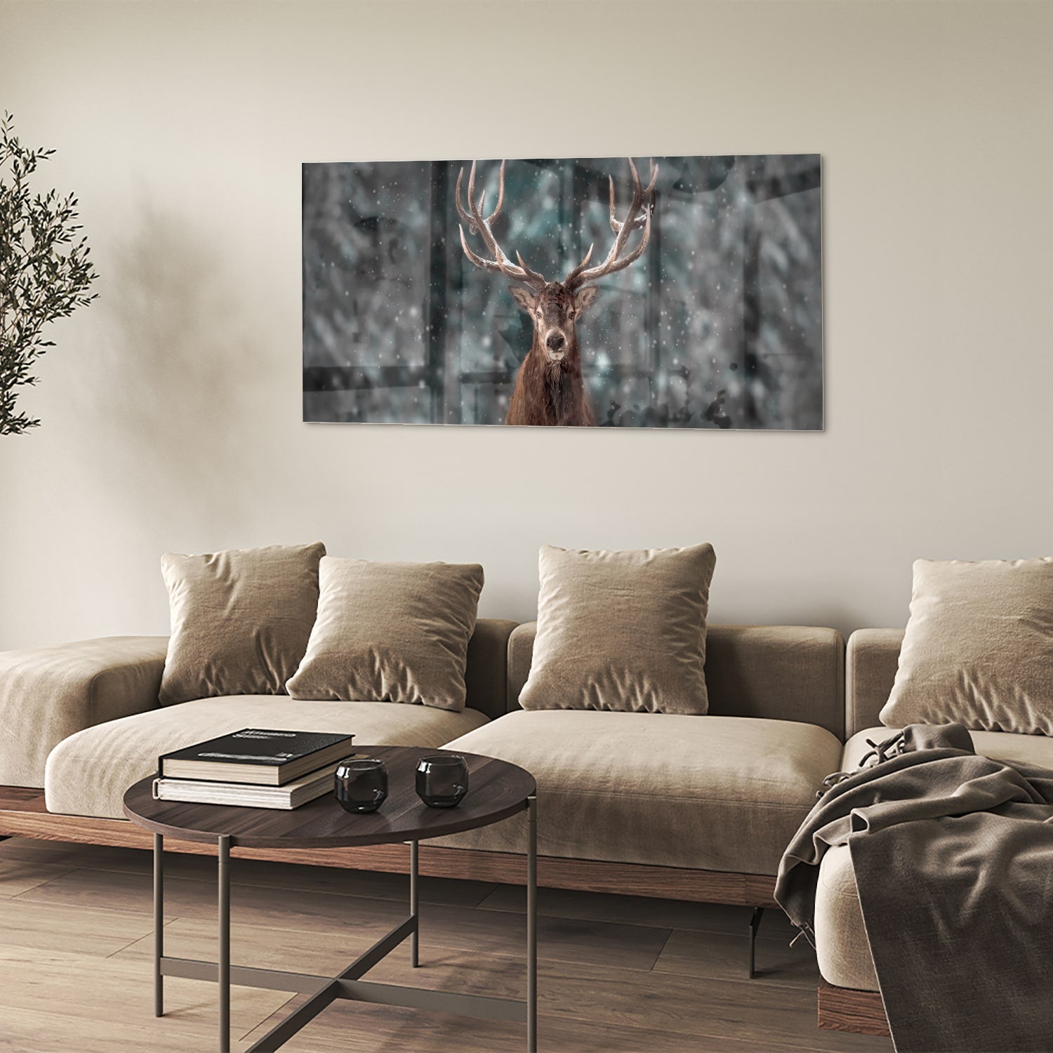 Glazen schilderij van een hert in een winterse setting