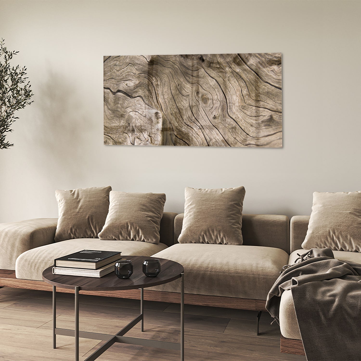 Glazen schilderij met een stijlvolle houtnerf op een witte muur.