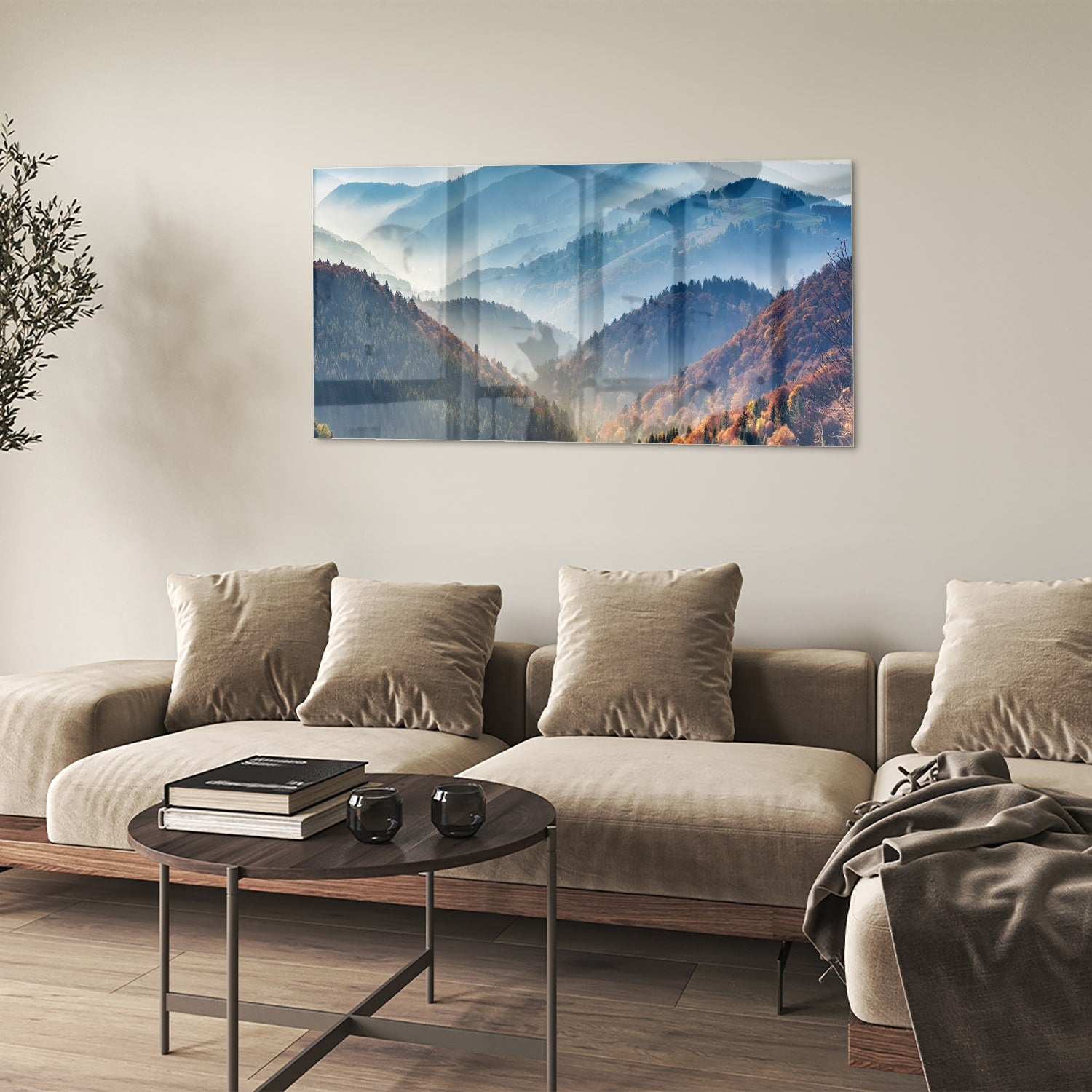 Glazen schilderij met een adembenemend berglandschap in warme herfstkleuren