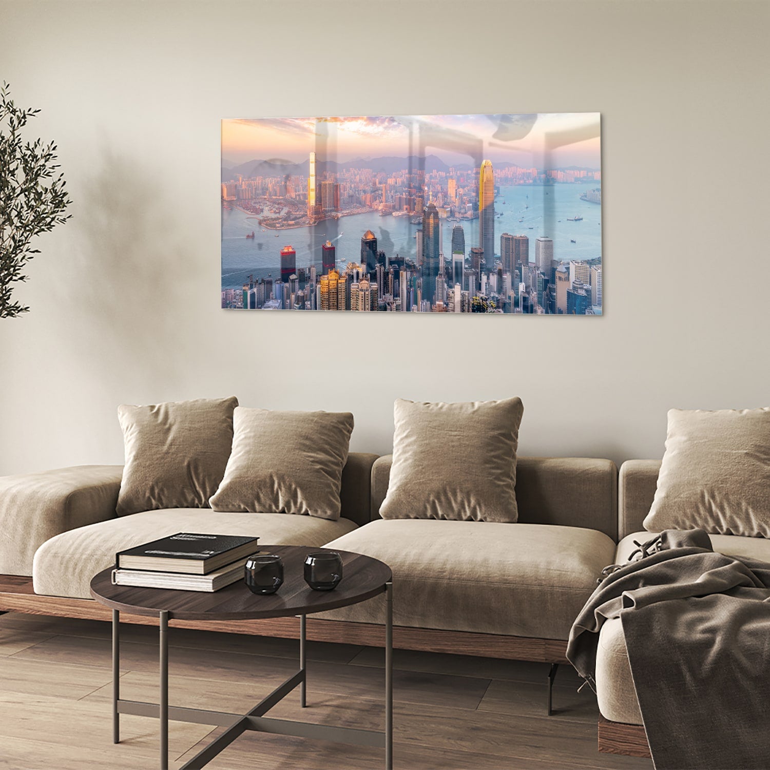 Glazen schilderij van een stadsgezicht met zonsondergang, perfect voor inrichting