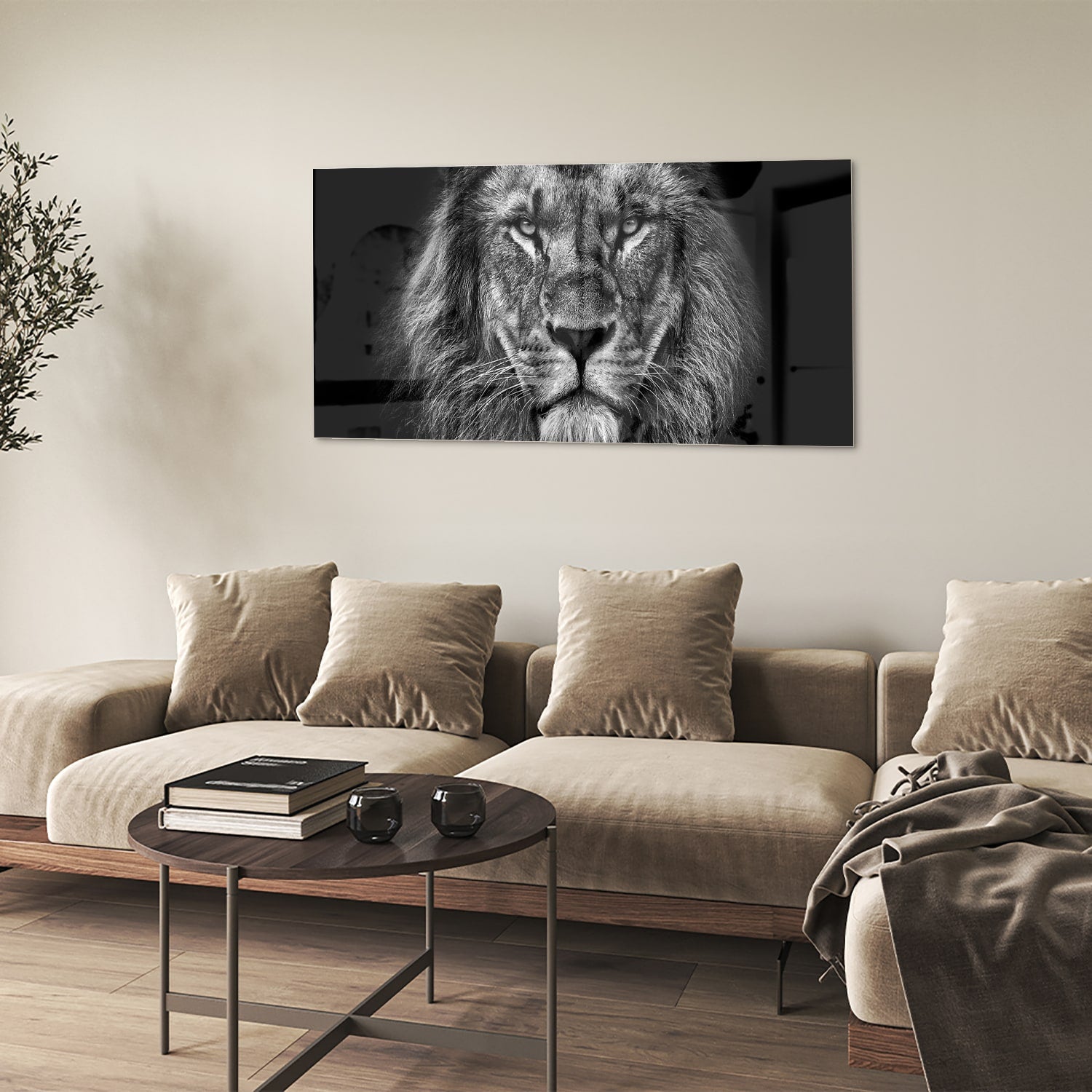 Glazen schilderij van een leeuw in zwart-wit, perfect voor wanddecoratie.