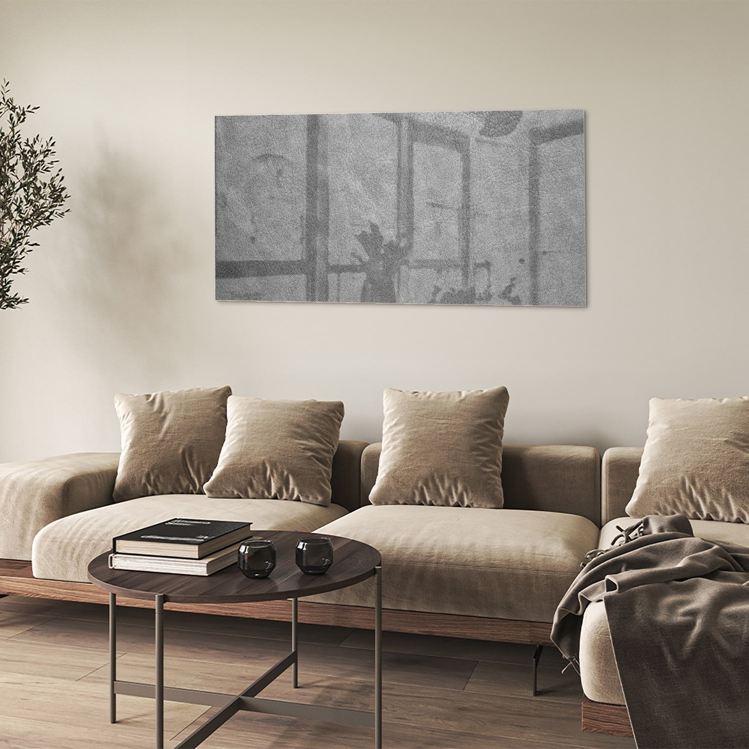 Minimalistisch glazen schilderij met subtiele schaduwen aan de muur