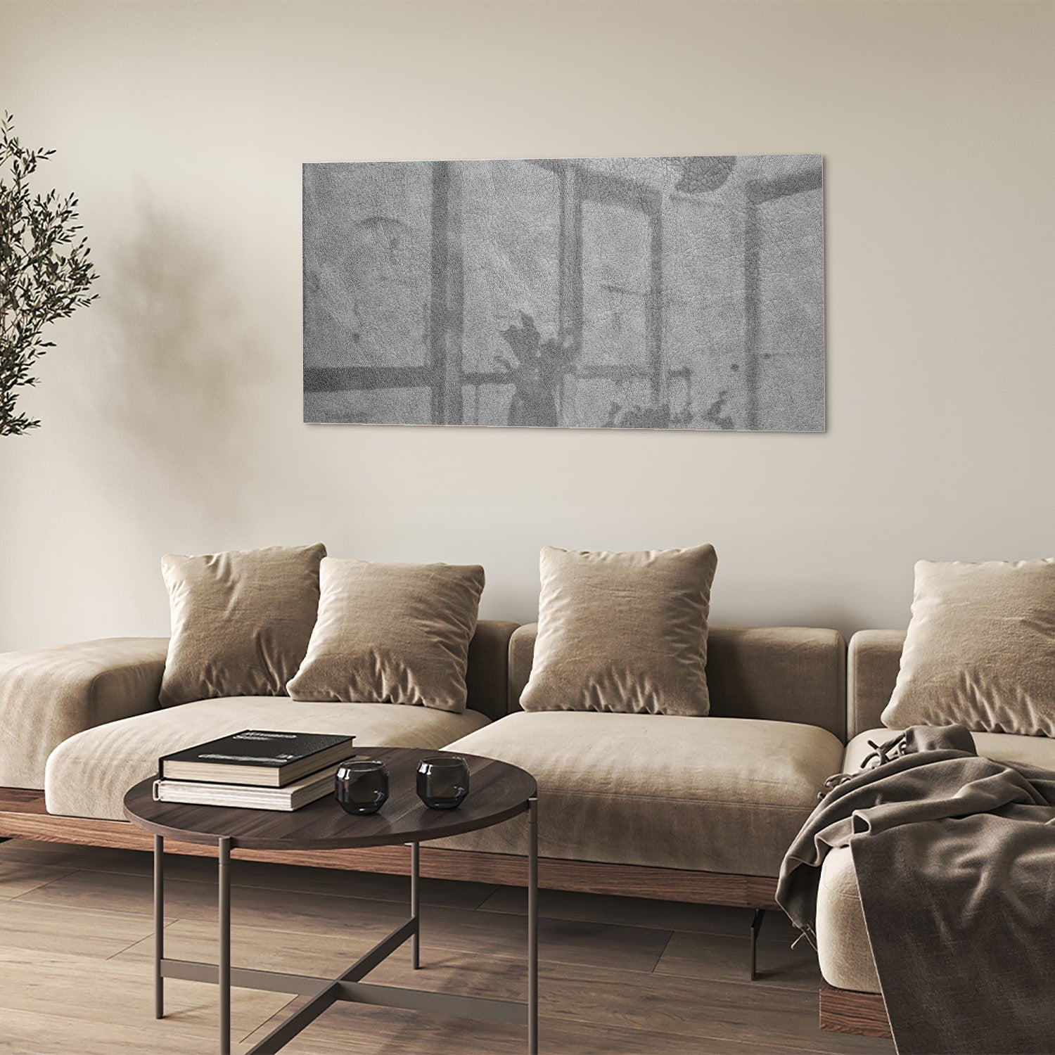 Minimalistisch glazen schilderij met subtiele schaduwen aan de muur