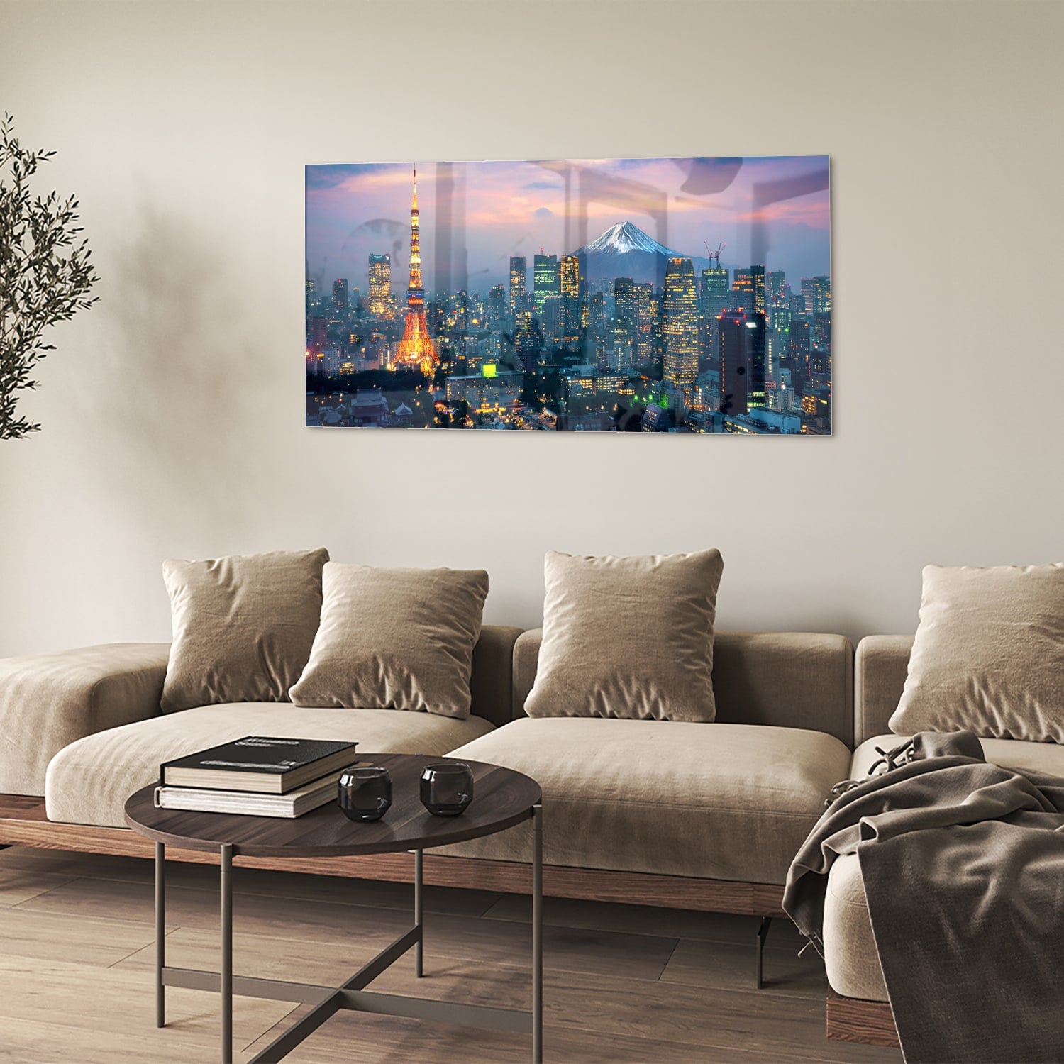 Glazen schilderij van Tokyo met de Tokyo Tower en Mount Fuji in de achtergrond