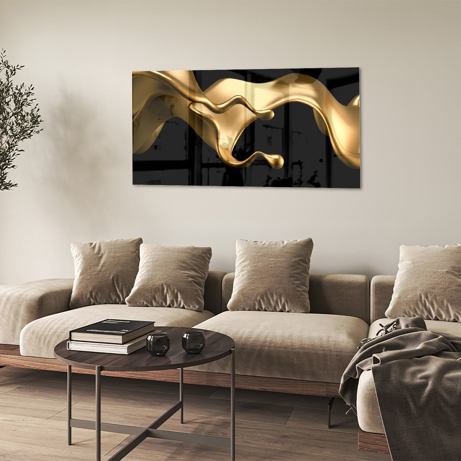 Gouden abstract glas schilderij met zwarte achtergrond, perfect voor moderne interieurs.