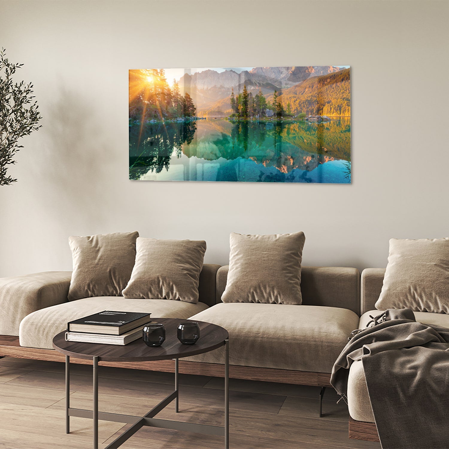 Glazen schilderij van een berglandschap met reflectie in het meer.