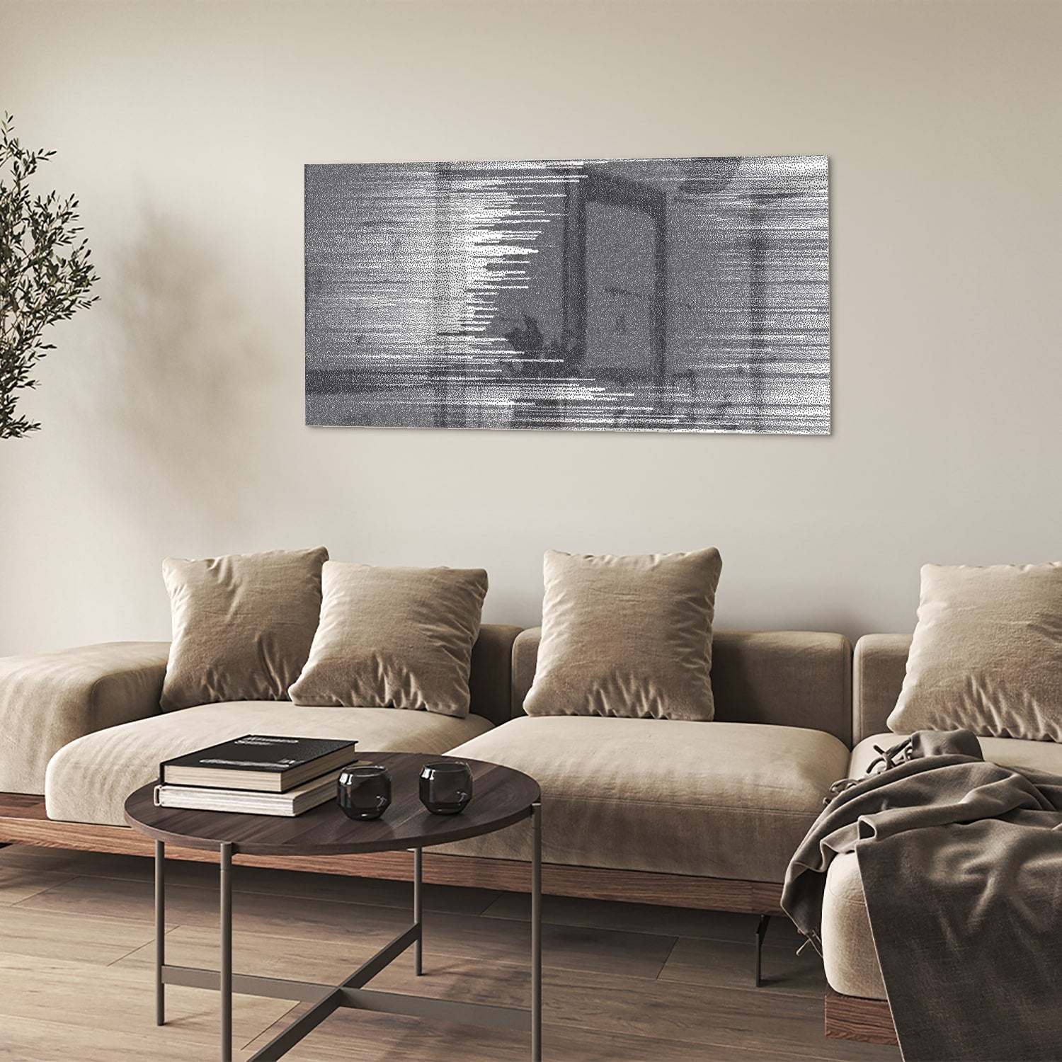 Abstract glazen schilderij in zwart-wit aan de muur met planten