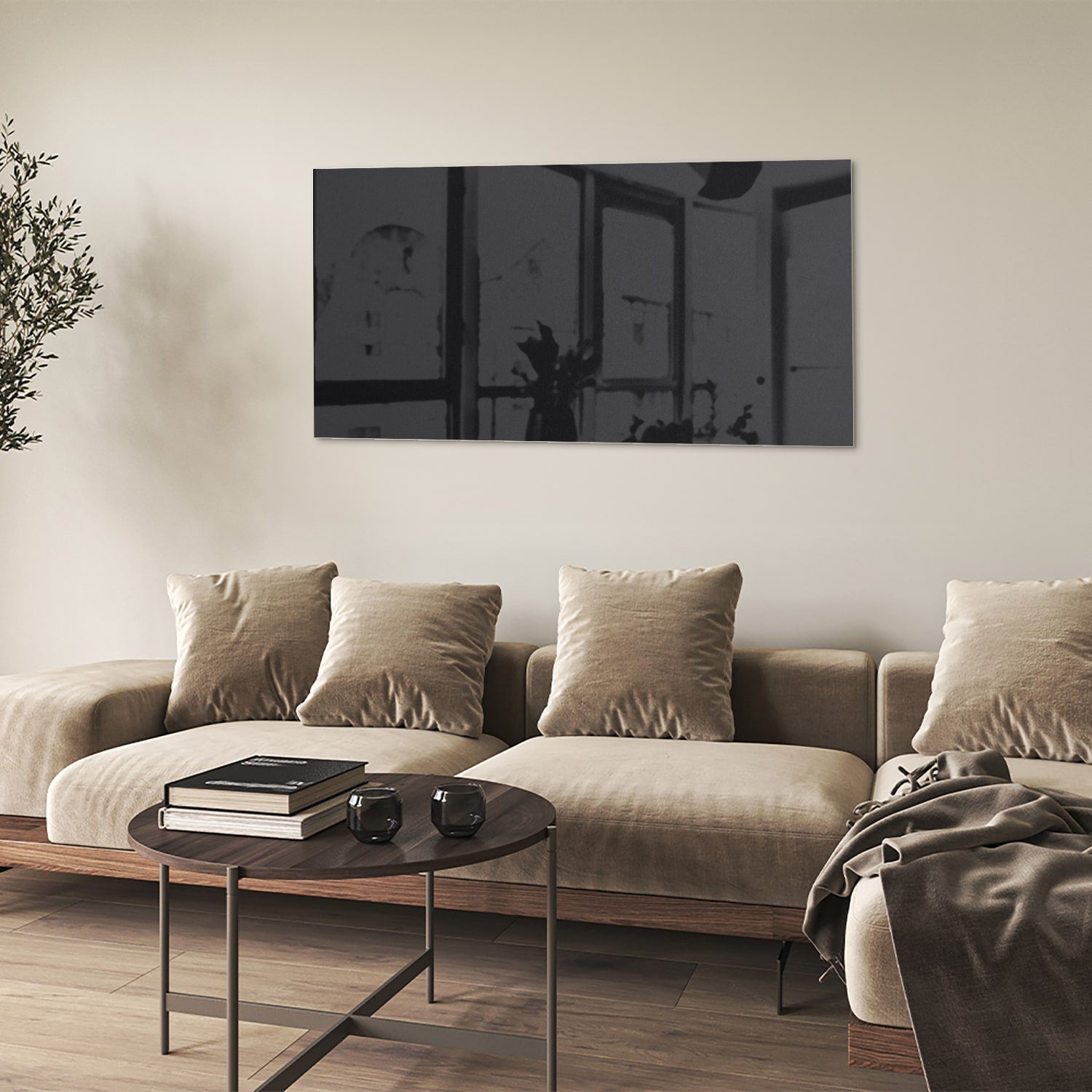 Modern zwart glazen schilderij hangt boven een houten meubel met planten