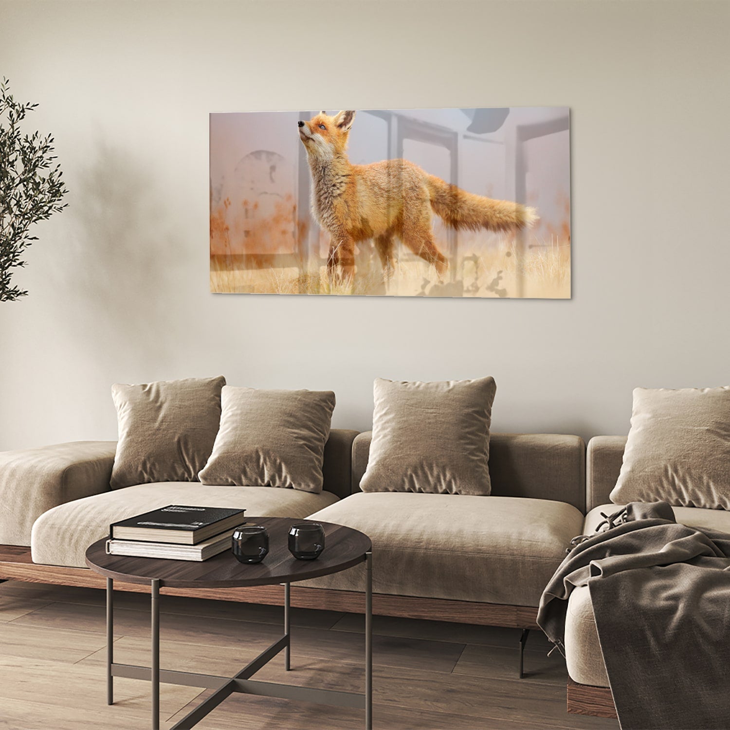 Glazen schilderij van een vos die in de natuur staat, perfect voor moderne interieurs.