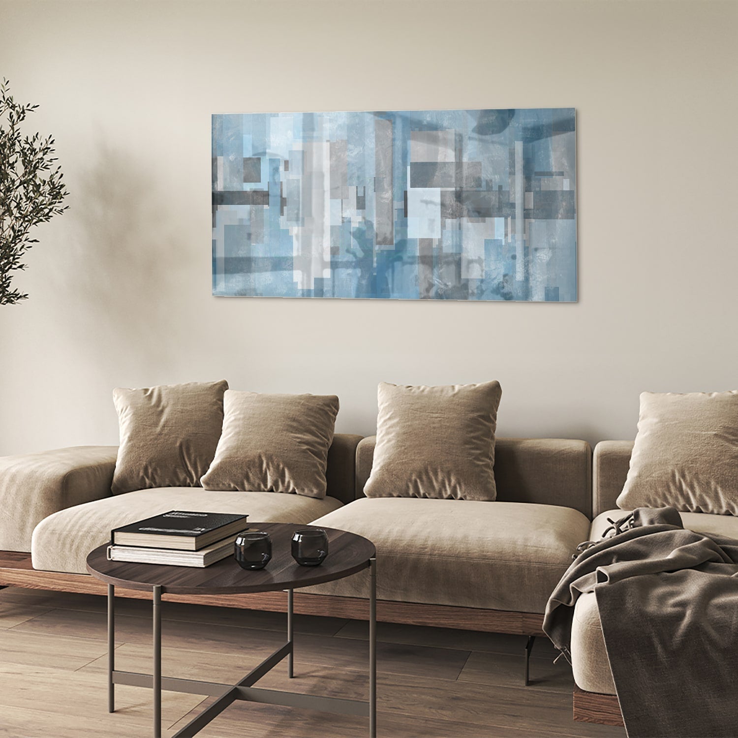 Abstract glas schilderij met blauwe en grijze tinten aan de muur