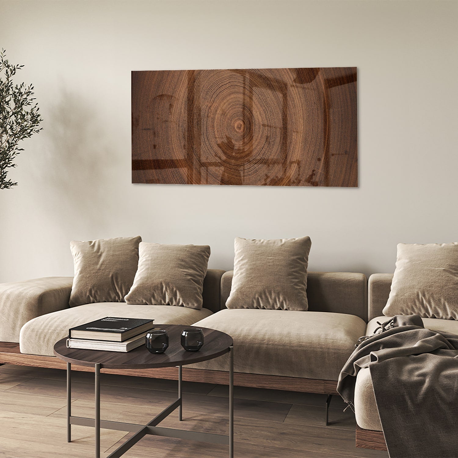 Glazen schilderij met een prachtige houtnerf, perfect voor wanddecoratie.