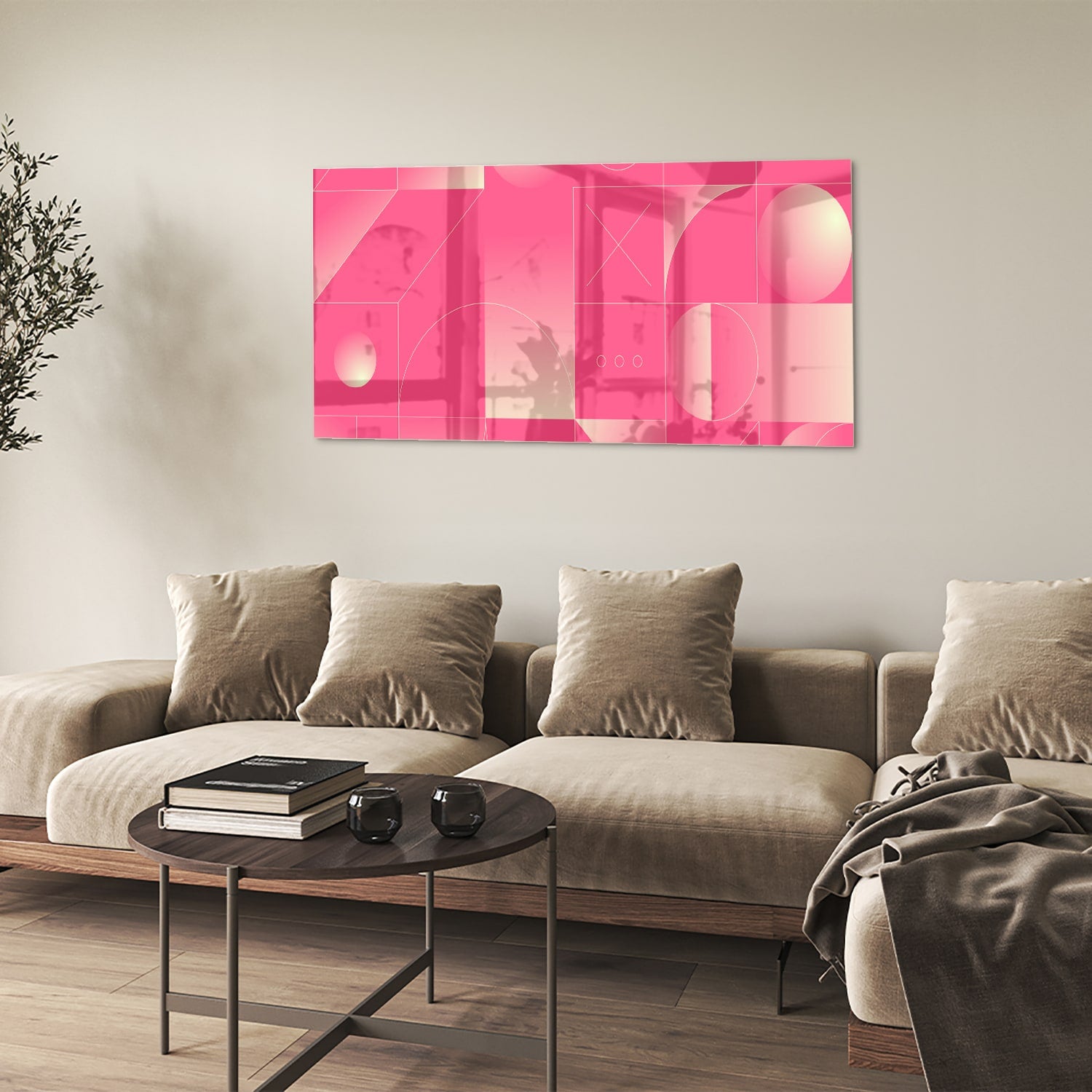 Modern glazen schilderij in frisroze met geometrische vormen.