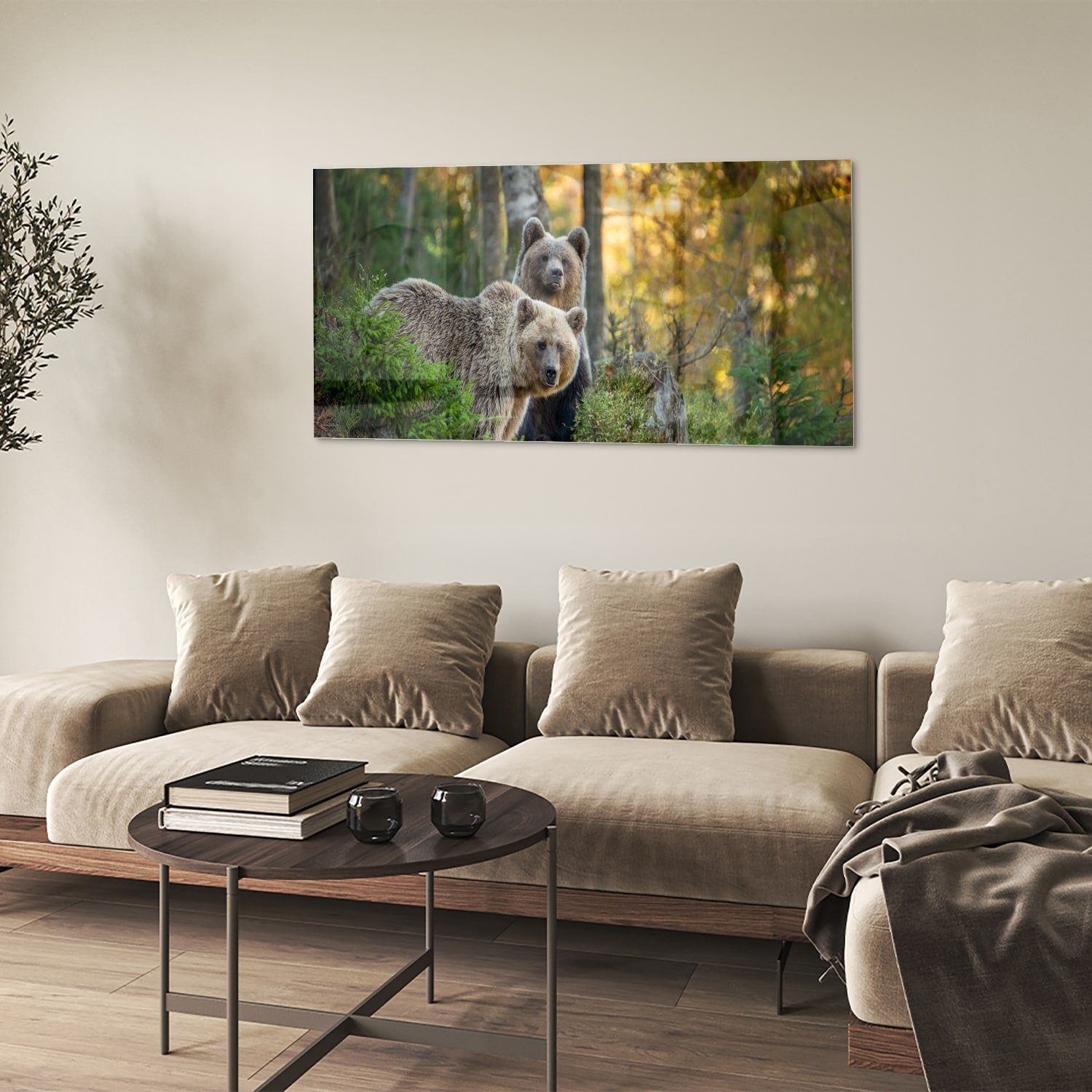 Glazen schilderij met twee schattige beren in een bosrijke omgeving