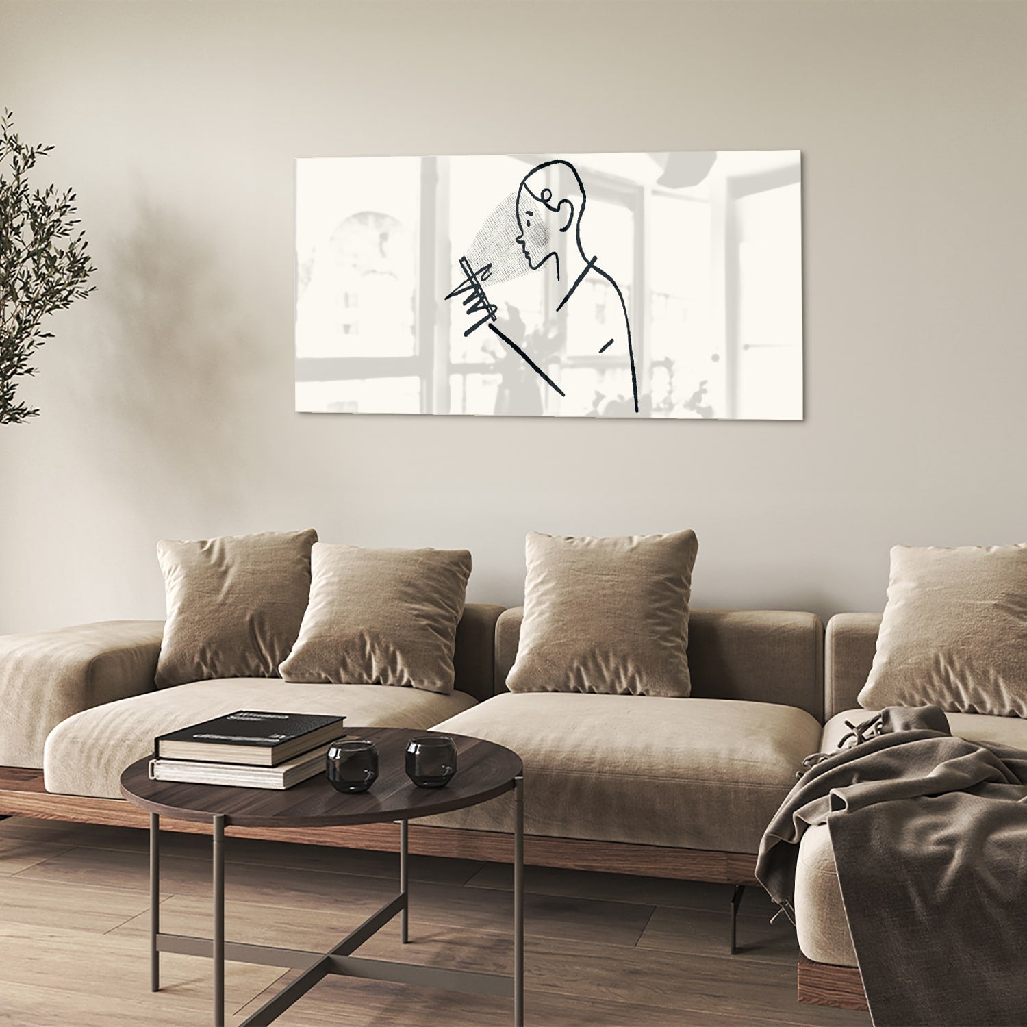 Minimalistisch glazen schilderij met lijntekeningen van een persoon.