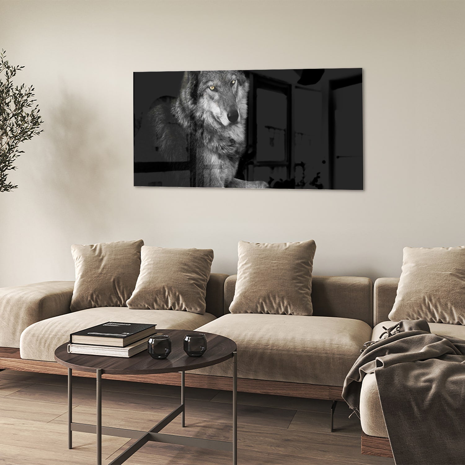 Glas schilderij van een wolf in zwart-wit, perfect voor wanddecoratie.