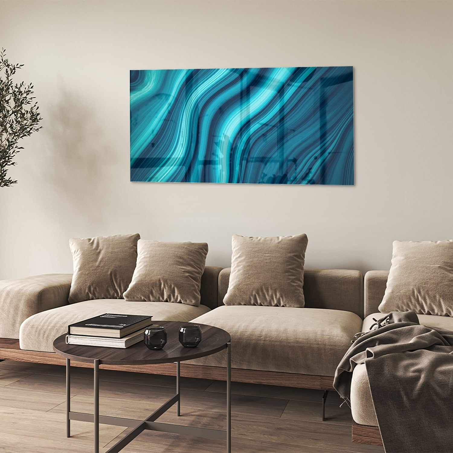 Moderne glazen schilderij met blauwe en groene golven aan de muur