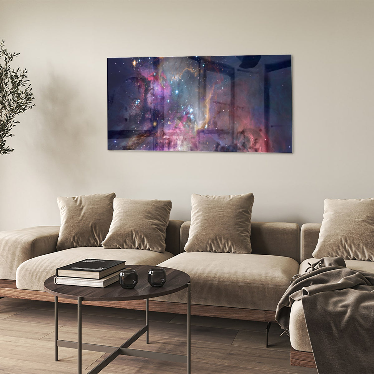 Glazen schilderij met een prachtig universum en sterren op een wand
