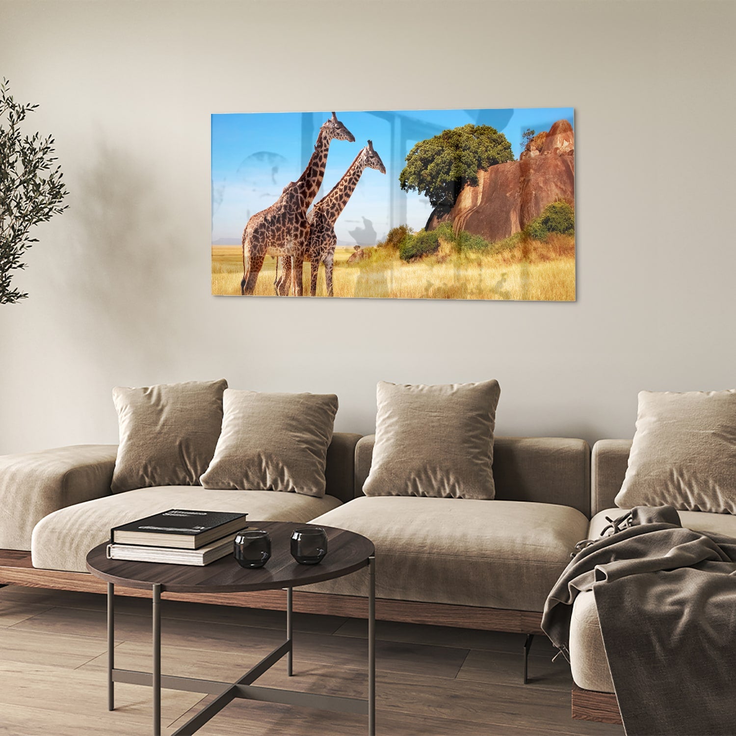 Glazen schilderij van twee giraffen in een Afrikaans landschap