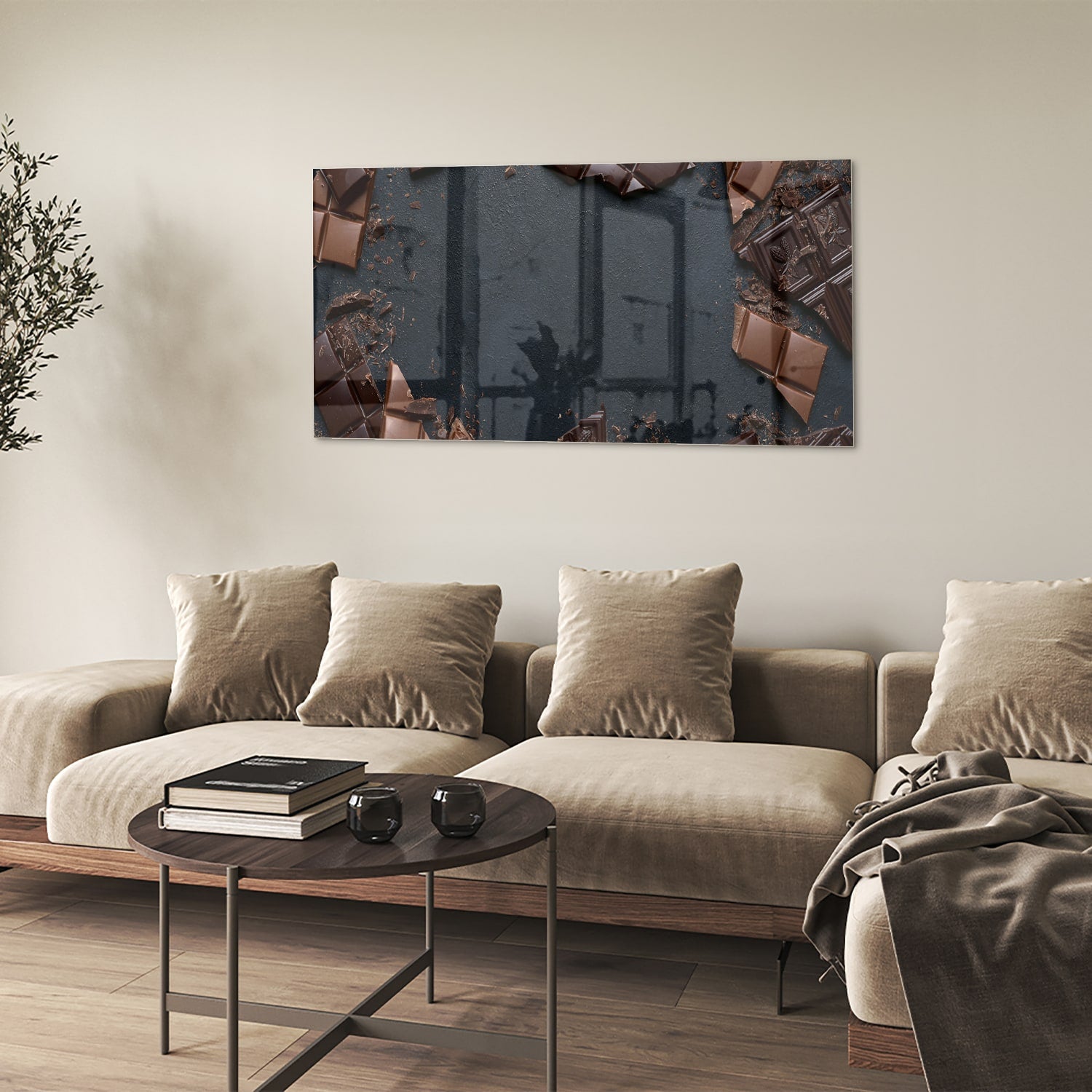 Glazen schilderij met chocolade in een moderne woonkamer