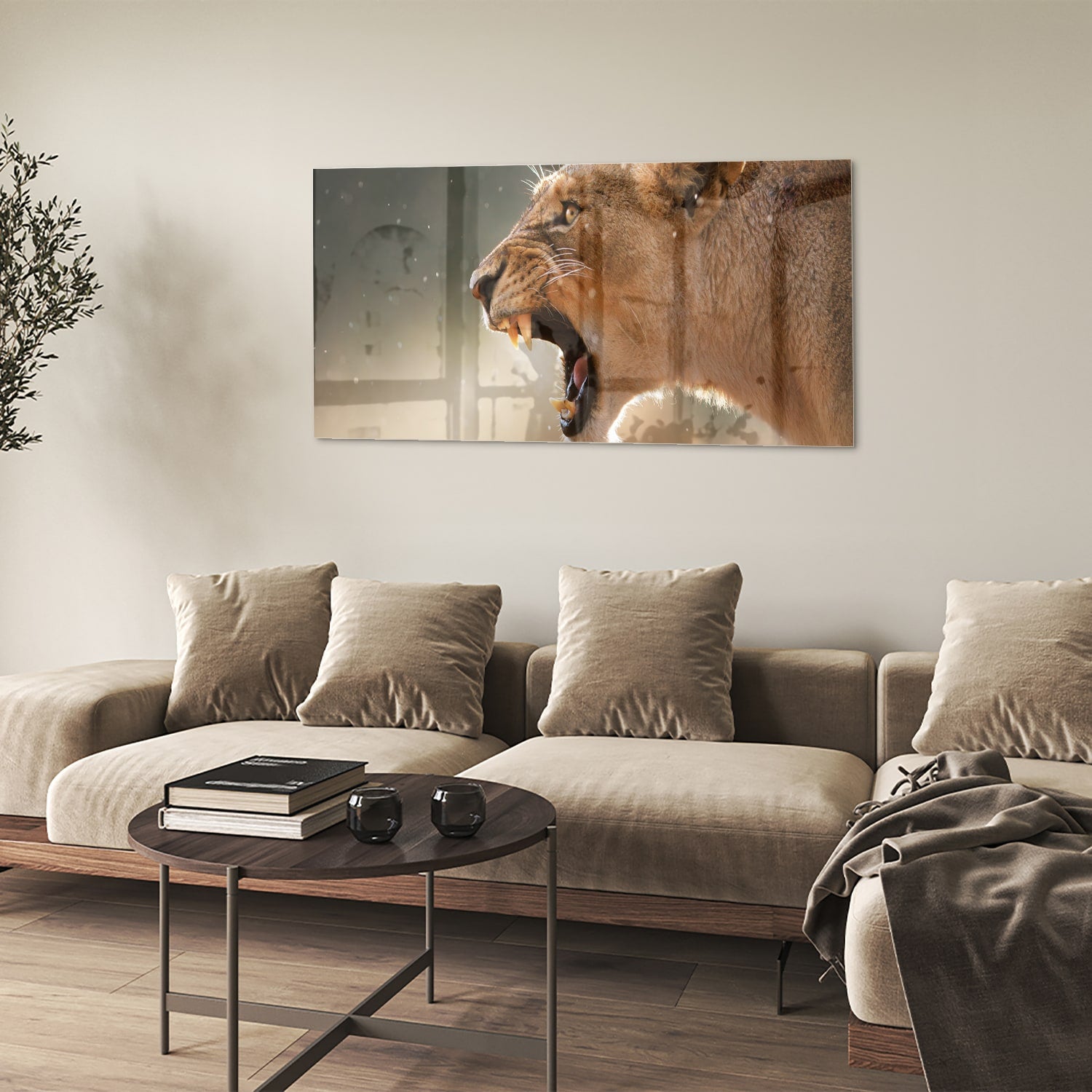 Glazen schilderij van een brullende leeuw, bijzonder kunstwerk voor aan de muur.