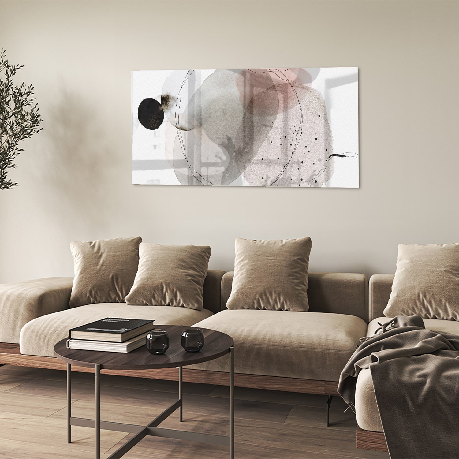 Abstract glazen schilderij met zachte pastelkleuren en organische vormen