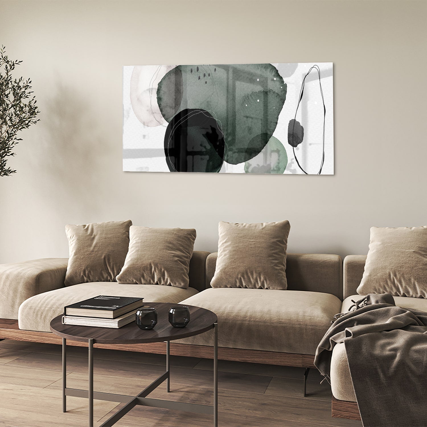 Abstract glas schilderij met groene en zwarte vormen