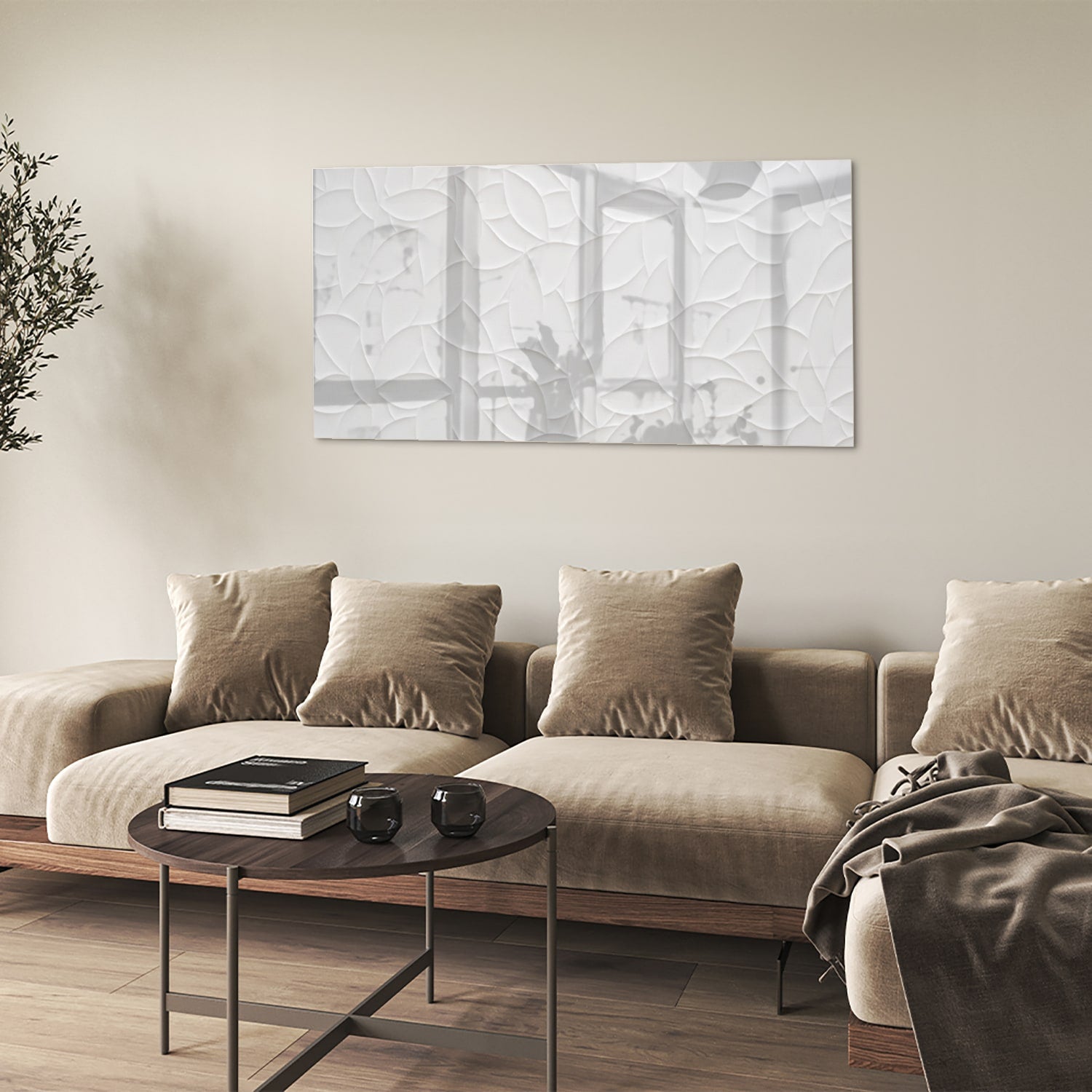 Glazen schilderij met textuur in wit, perfect voor moderne interieurs.