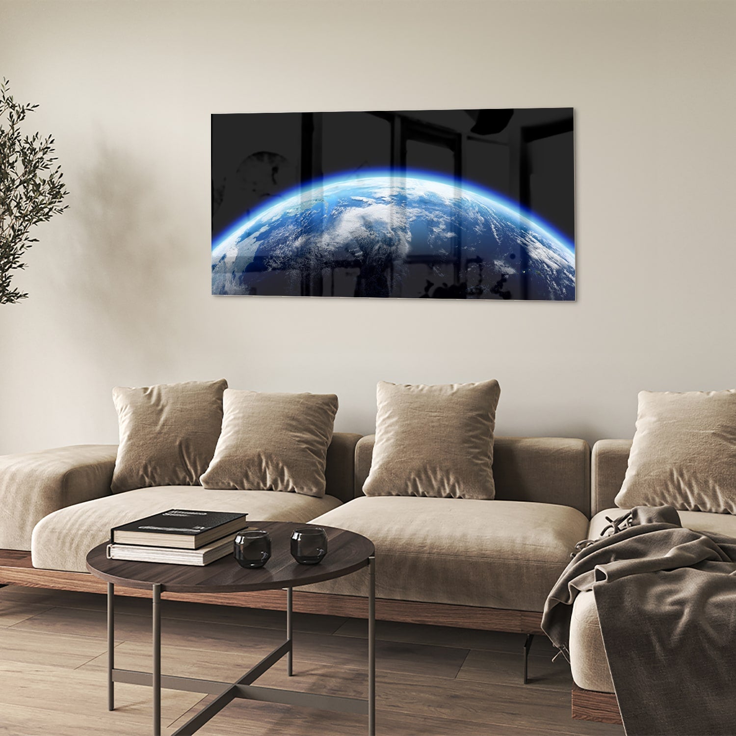 Glazen schilderij met een afbeelding van de aarde en blauwe lucht, perfect voor een moderne inrichting.