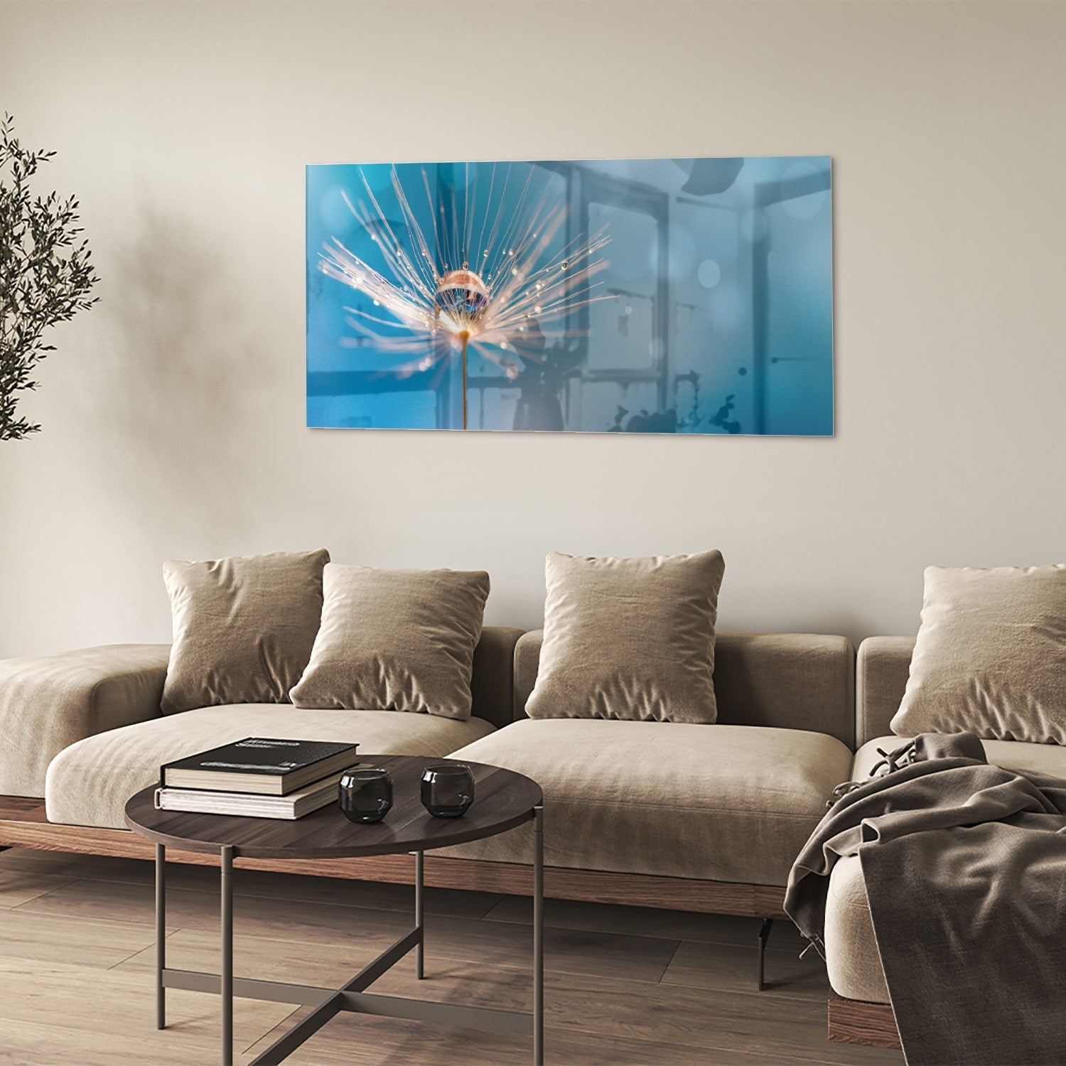 Glazen schilderij van een dandelion op een blauwe achtergrond