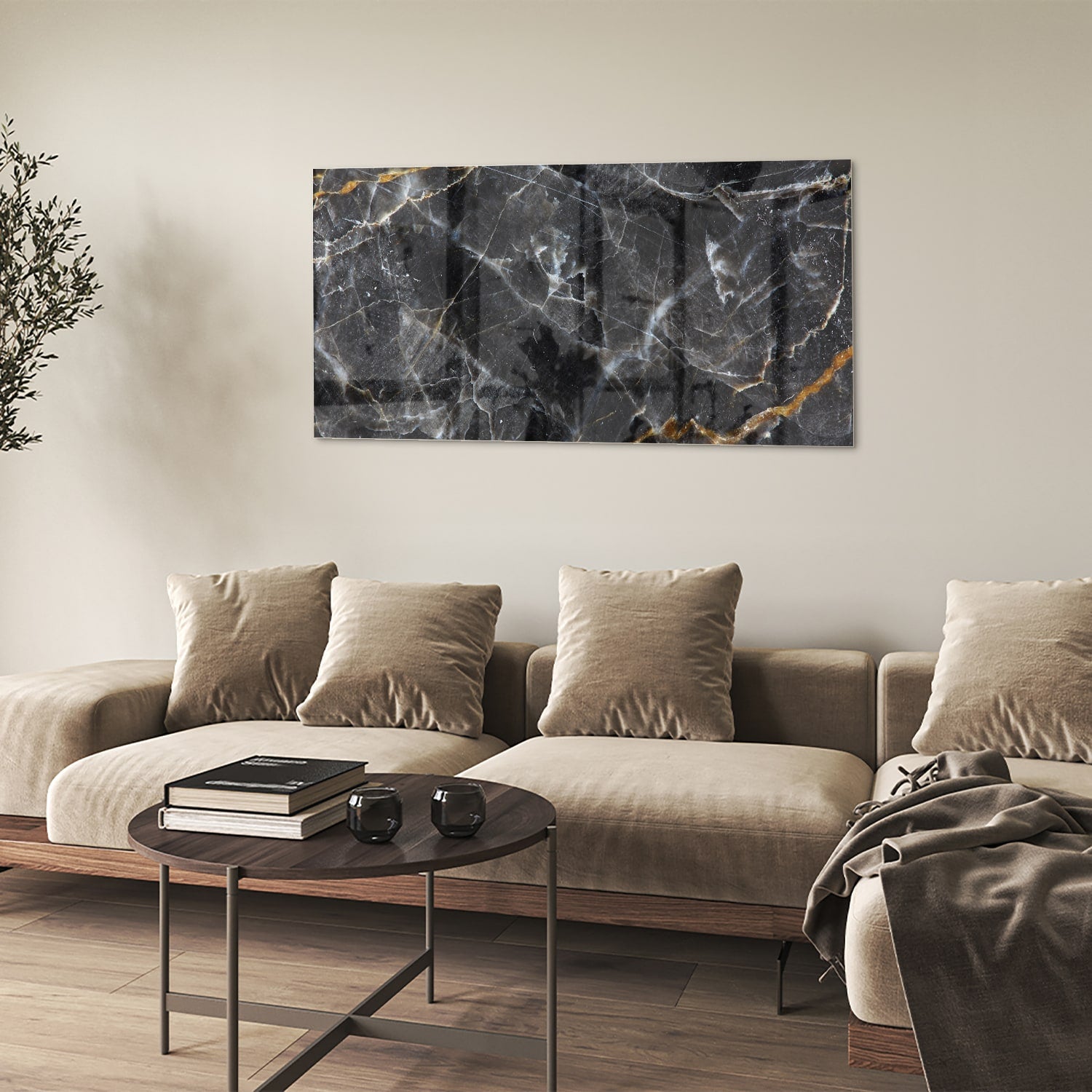 Elegant glazen schilderij met marmerpatroon in zwart en goud