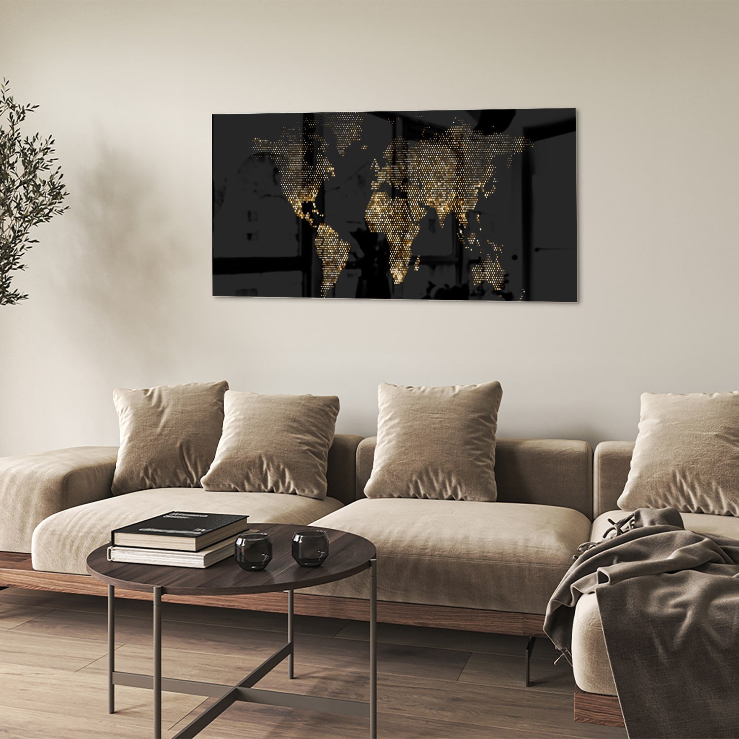 Glazen schilderij van een wereldkaart in zwart met gouden accenten