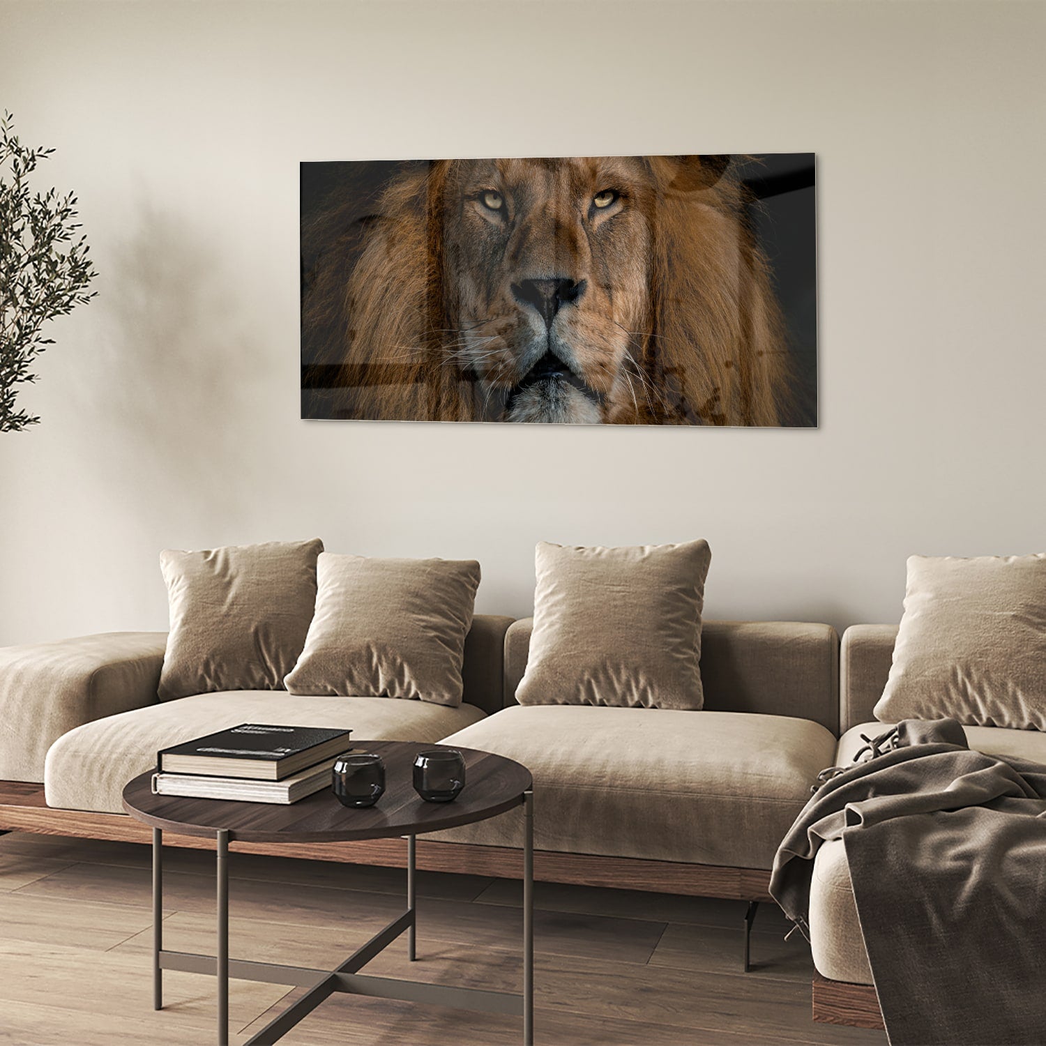 Glazen schilderij van een leeuw, een krachtige uitstraling voor de wand.