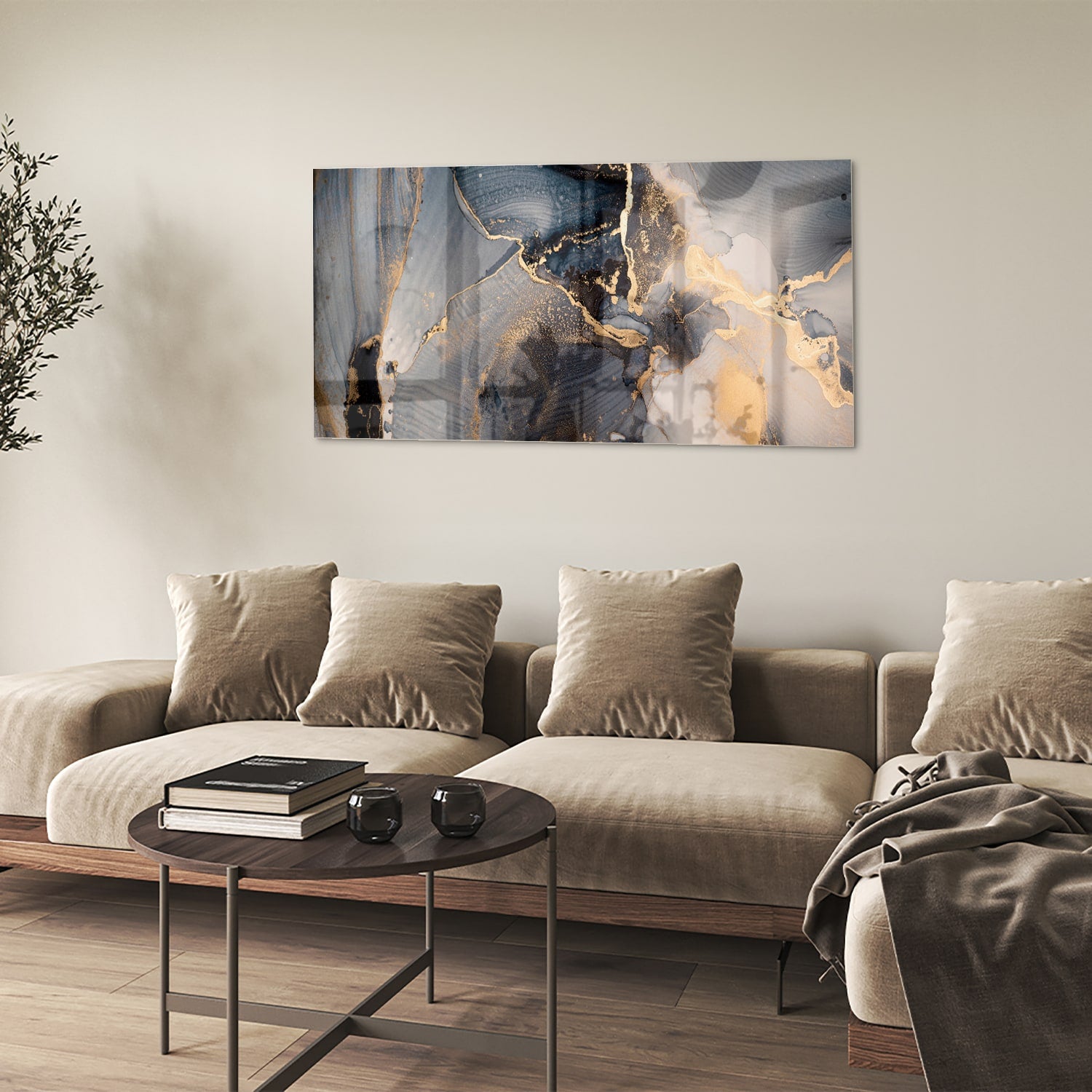 Elegant glazen schilderij met blauwe en gouden abstracte lagen